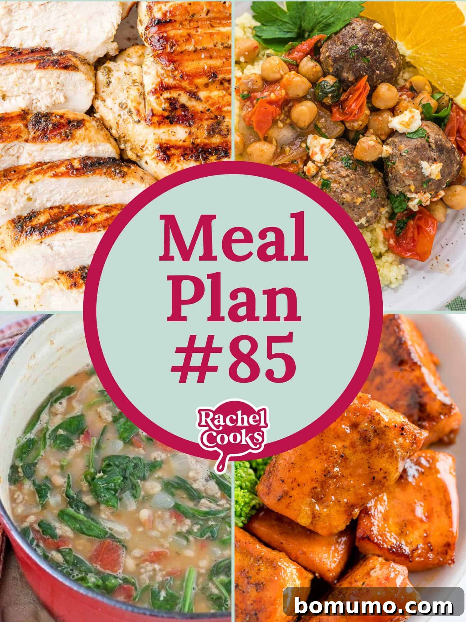 Meal plan 85 preview graphic with text and photos of recipes included.
