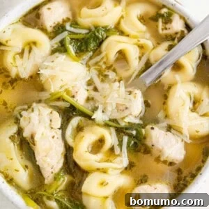 Chicken tortellini soup with kale and pesto, toped with cheese.