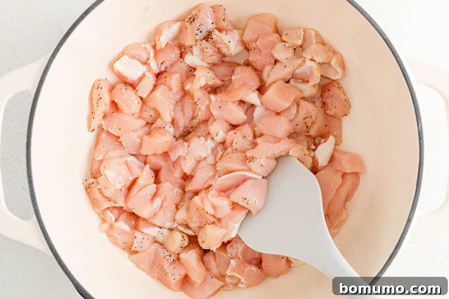 Raw chicken pieces in a pan, lightly coated in oil and seasoning, before cooking.