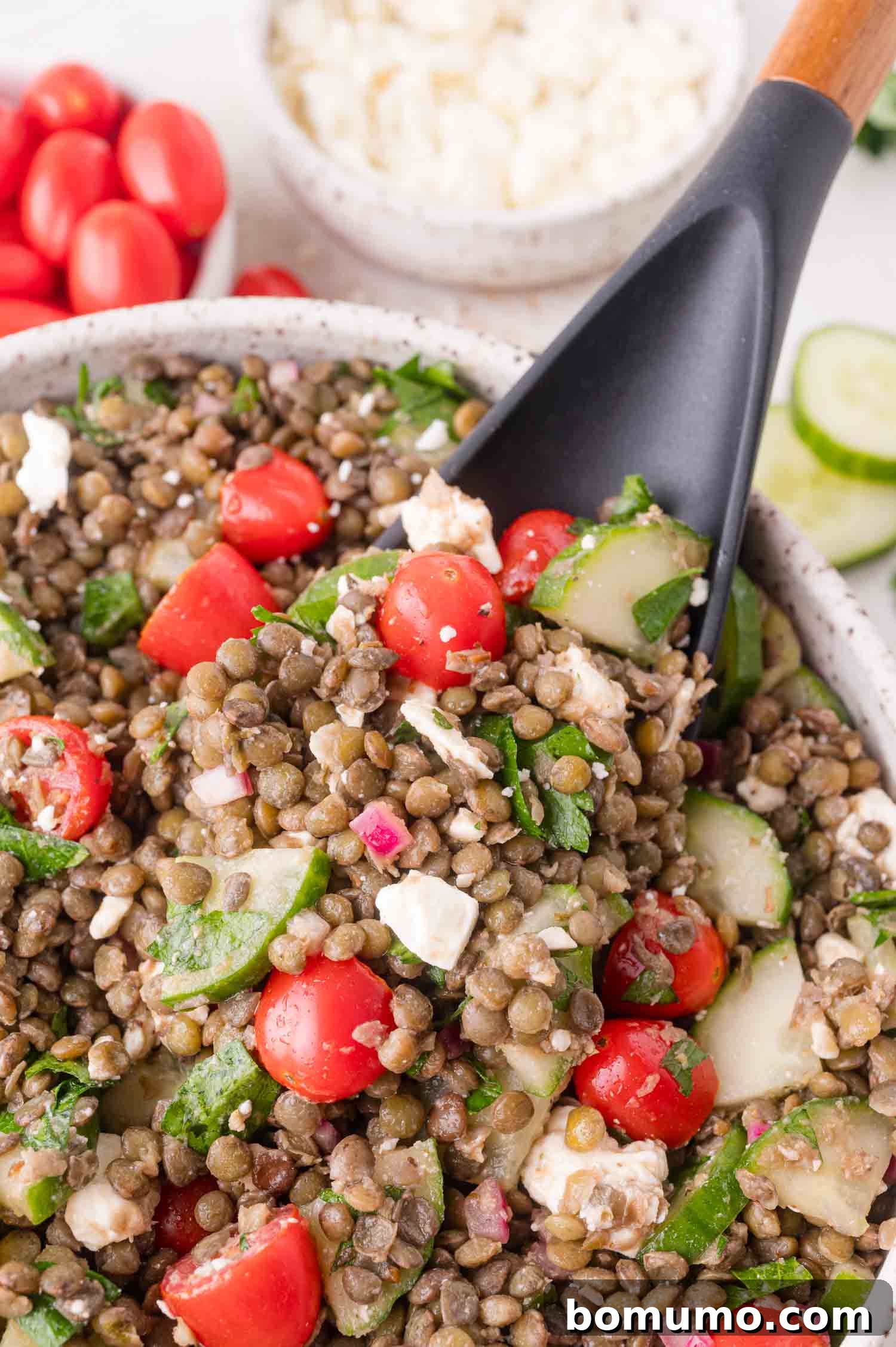 A vibrant bowl of Mediterranean lentil salad featuring green lentils, juicy cherry tomatoes, crisp cucumber slices, crumbled feta cheese, finely chopped red onion, and fresh parsley, all ready to be served with a sleek black spoon.