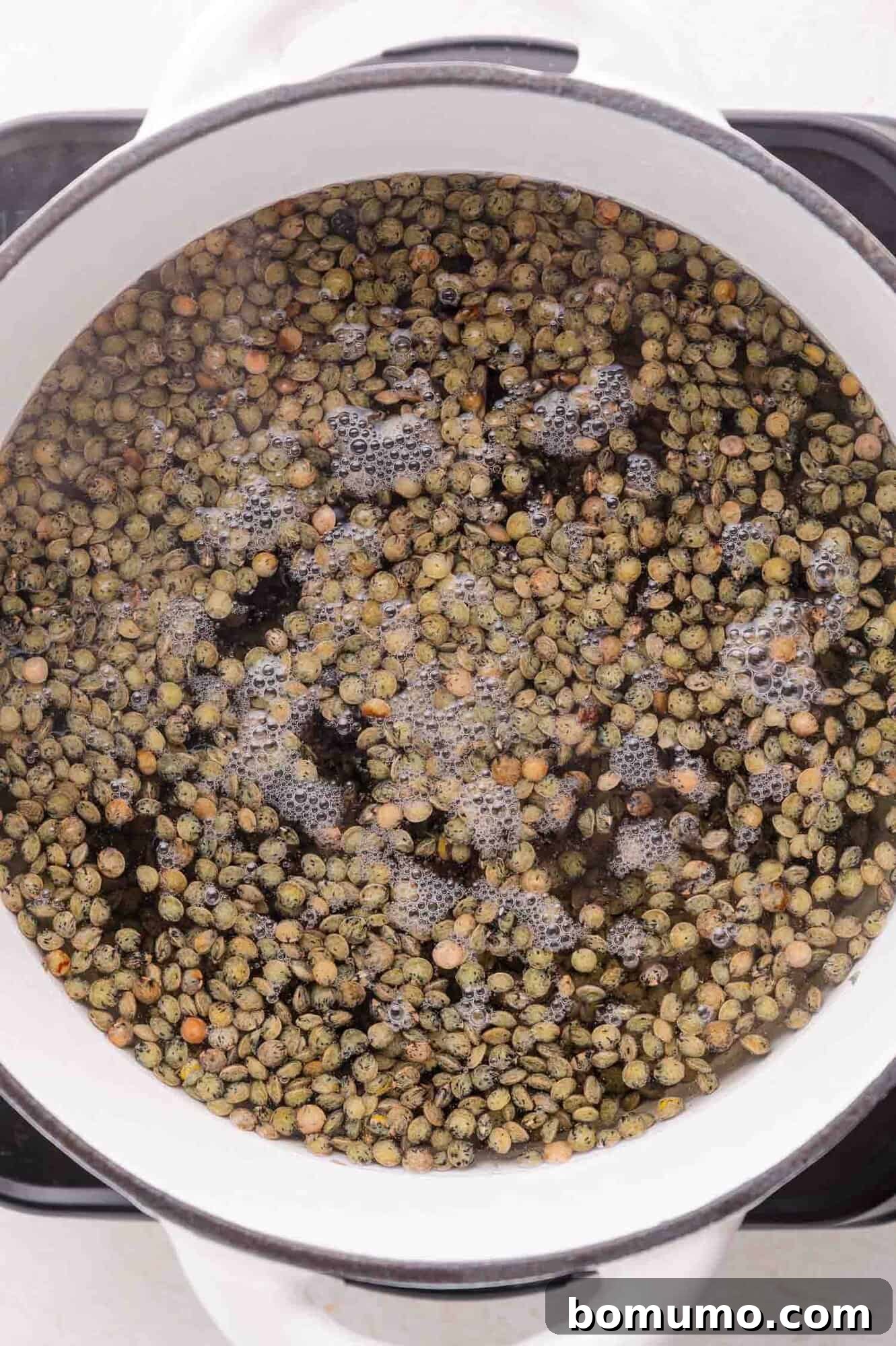 A white pot filled with vibrant green lentils partially submerged in clear water, shown from a top-down perspective, beginning the cooking process.