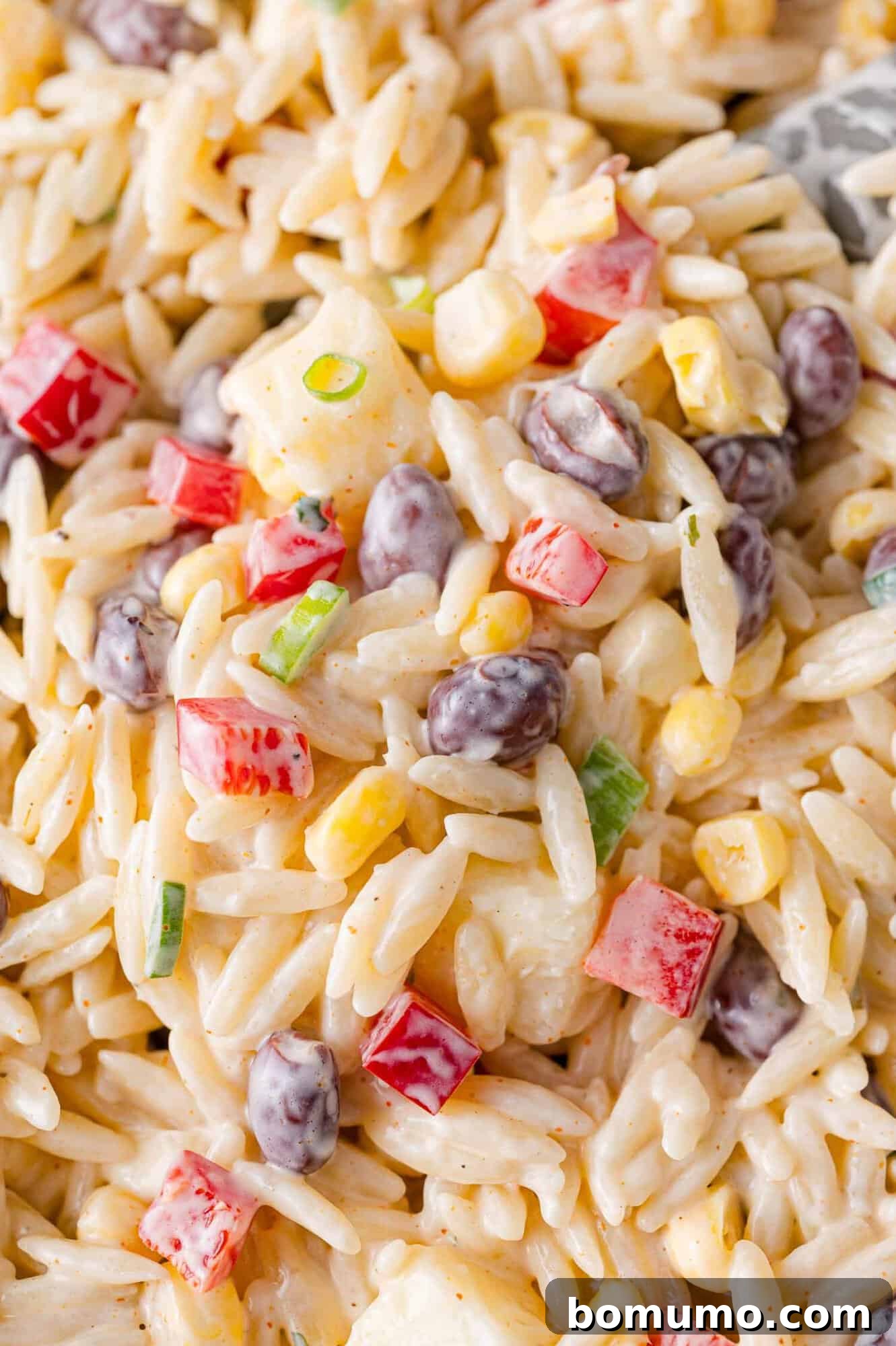 A close-up, appetizing view of the completed Creamy Southwestern Orzo Salad, brimming with colorful ingredients and creamy dressing.