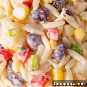 Close up view of creamy southwestern orzo salad with black beans, corn, peppers, highlighting its fresh appeal.