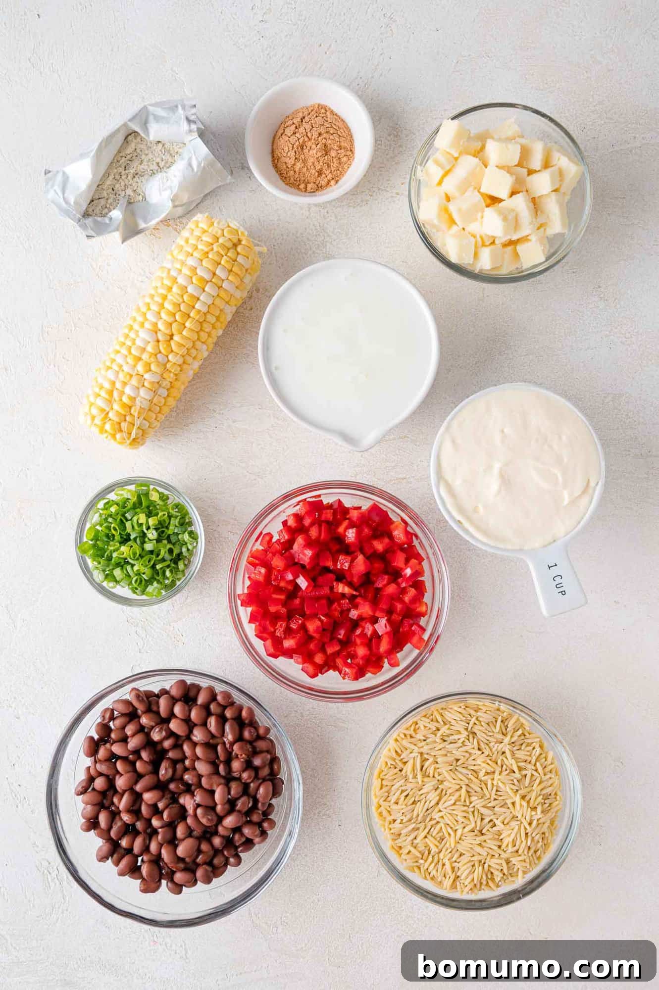 An overhead view showcasing all the fresh, colorful ingredients neatly arranged on a counter, ready for the recipe.
