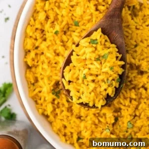 A wooden spoon holds a serving of yellow rice garnished with herbs over a bowl filled with the same rice.
