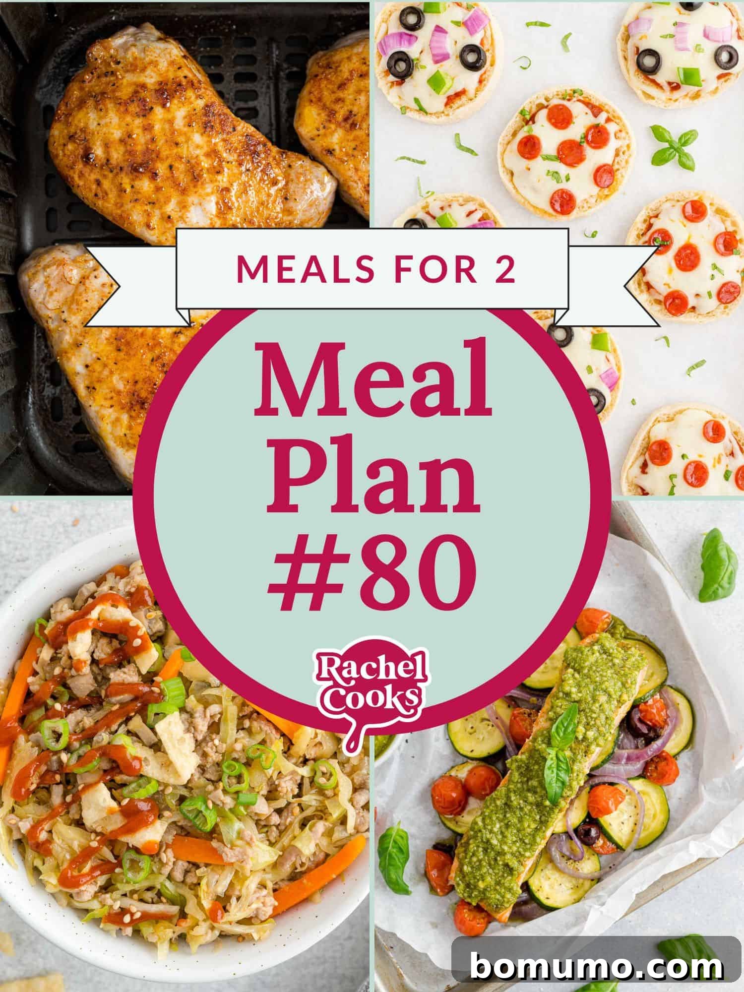 Meal plan 80 preview image with photos of recipes included. Text overlay reads "meals for 2."
