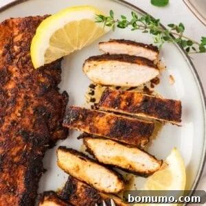 Blackened chicken, cut into slices.