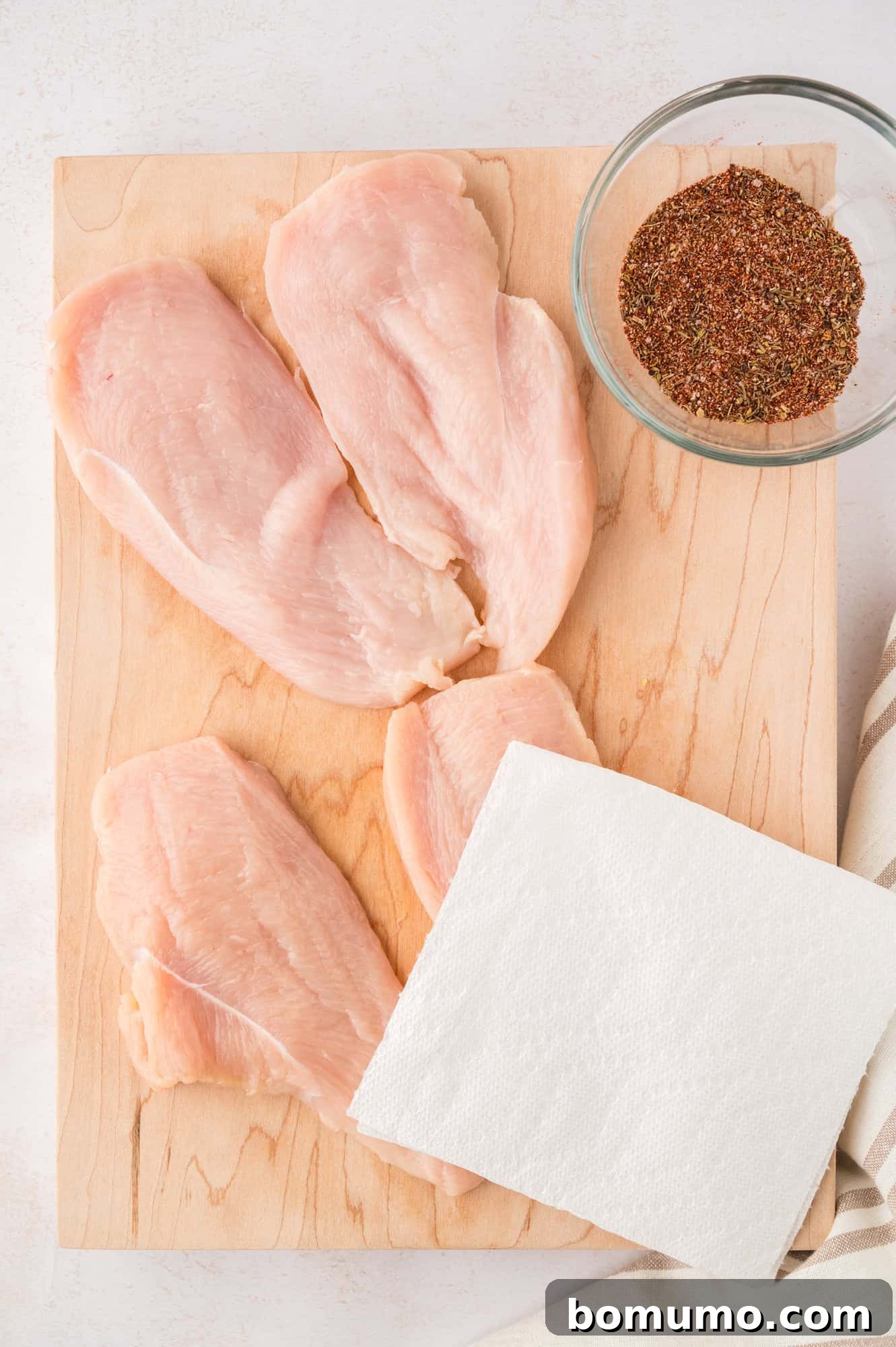 Chicken cutlets being patted dry.