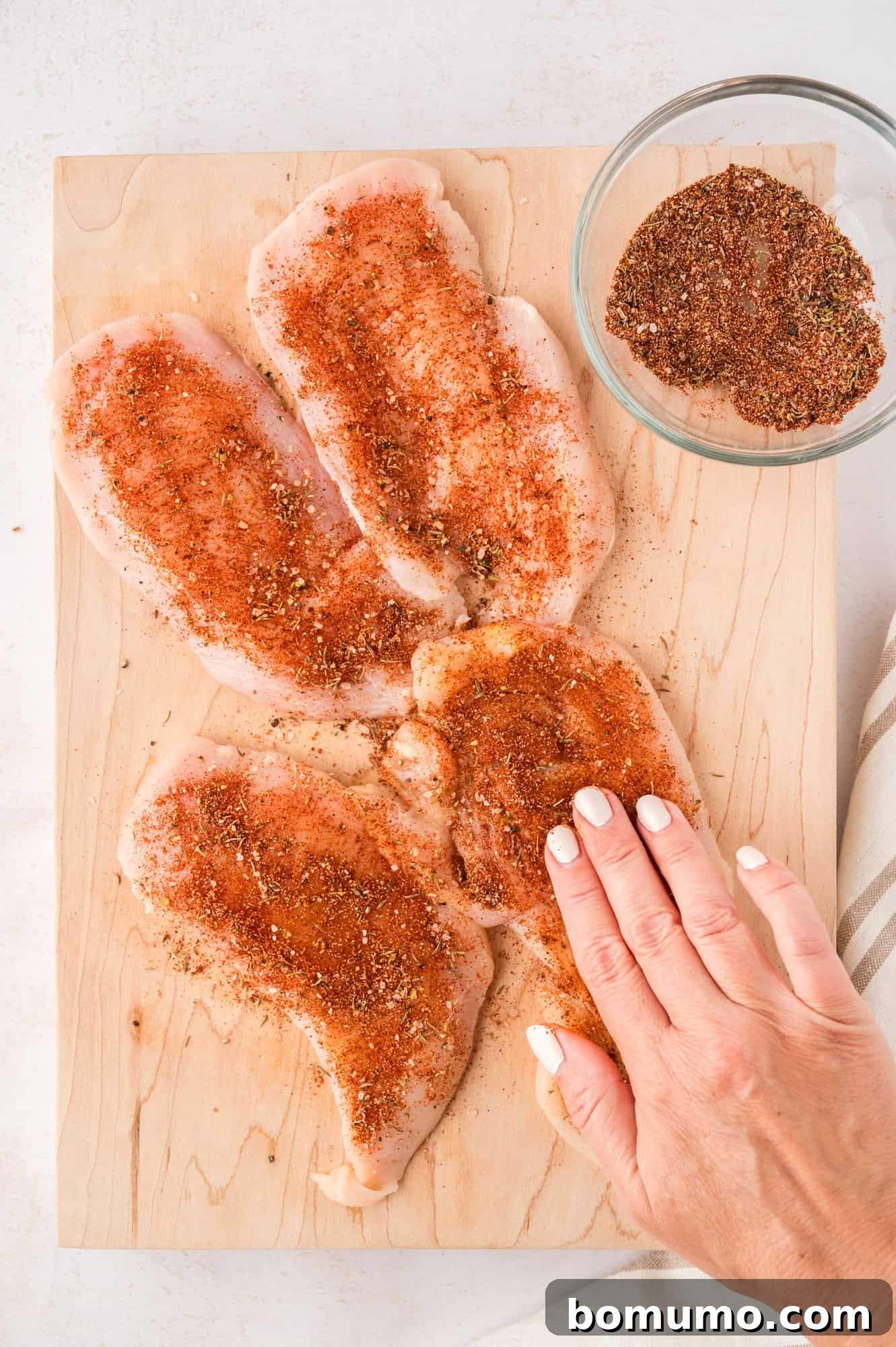 Spice rub being added to chicken.