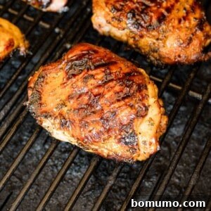 Grilled chicken thighs, featuring a perfectly charred skin and juicy interior.