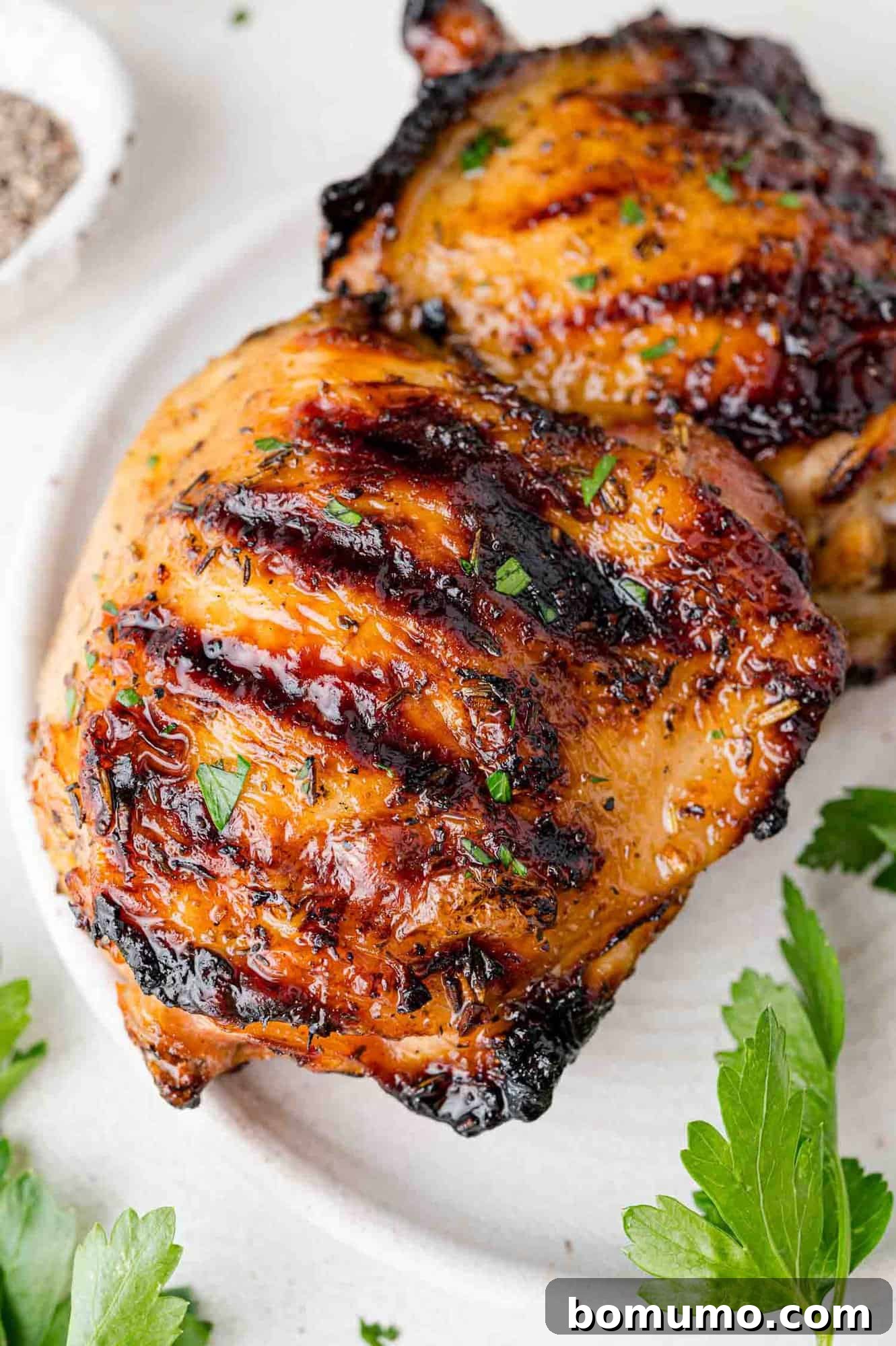A close-up of two grilled chicken thighs on a plate, highlighting their perfectly browned skin and juicy texture, ready to be enjoyed.