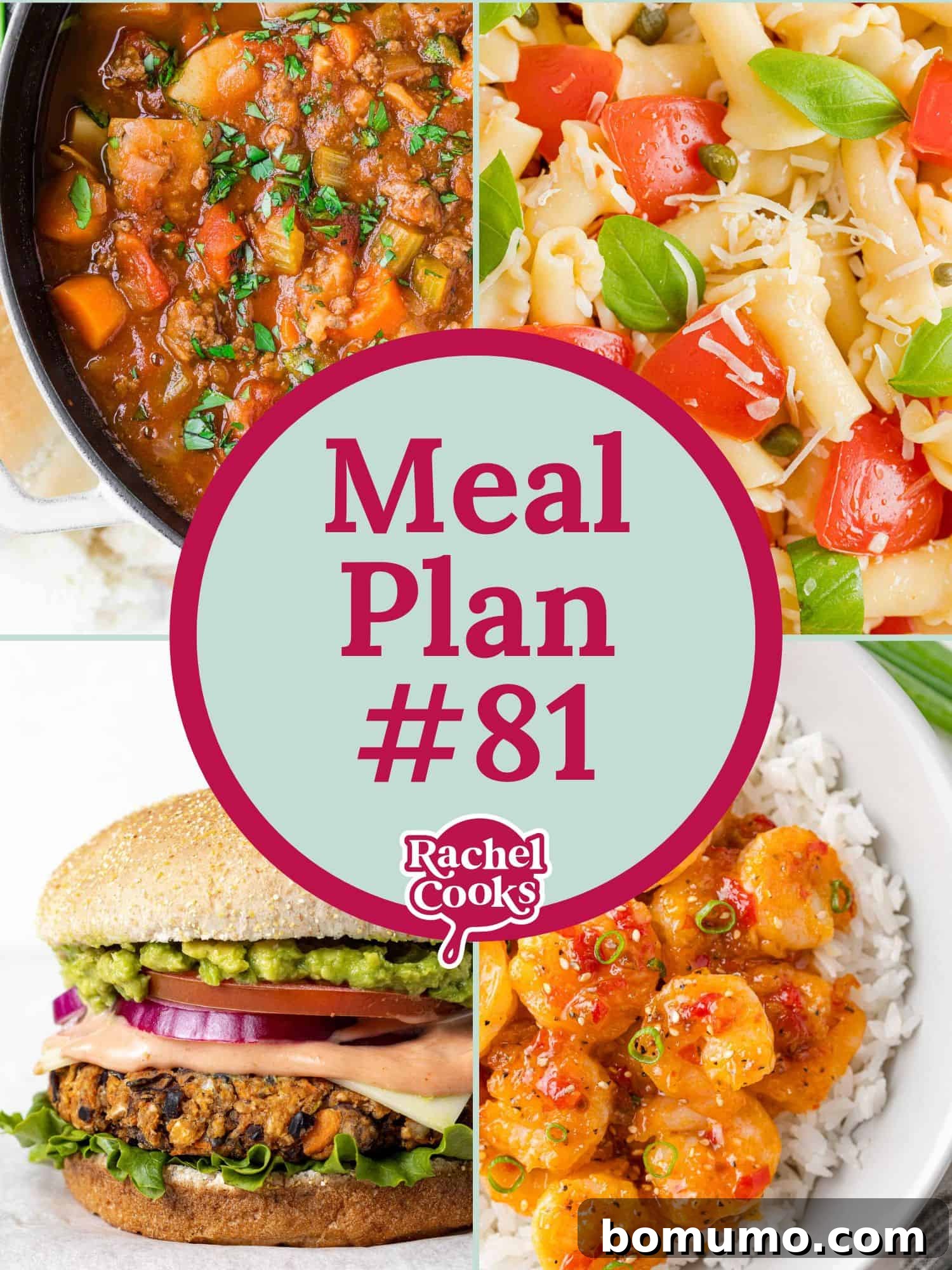 Weekly Meal Guide 2 Free weekly meal plan and grocery list featuring delicious recipes like black bean burgers, hamburger soup, fresh tomato pasta, chicken fajita spaghetti squash, and firecracker shrimp salad.