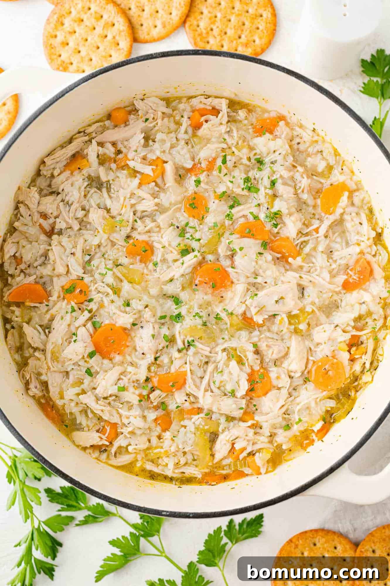 Overhead view of chicken rice soup in a large pot.