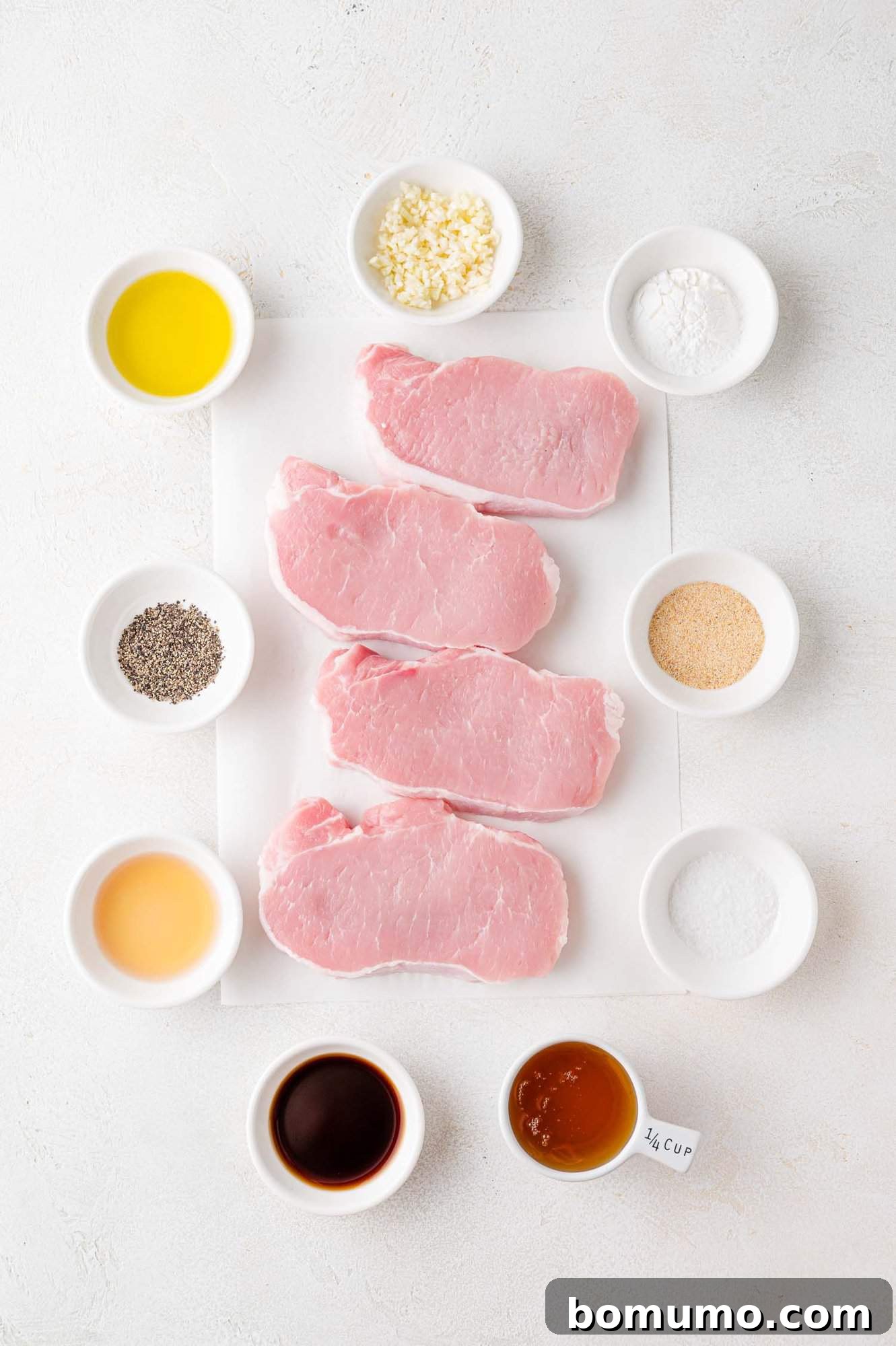 Overhead view of all ingredients meticulously laid out for the honey garlic pork chop recipe.