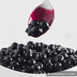 Luscious Blueberry Compote 8 Blueberry sauce being scooped from a white bowl with a spoon.