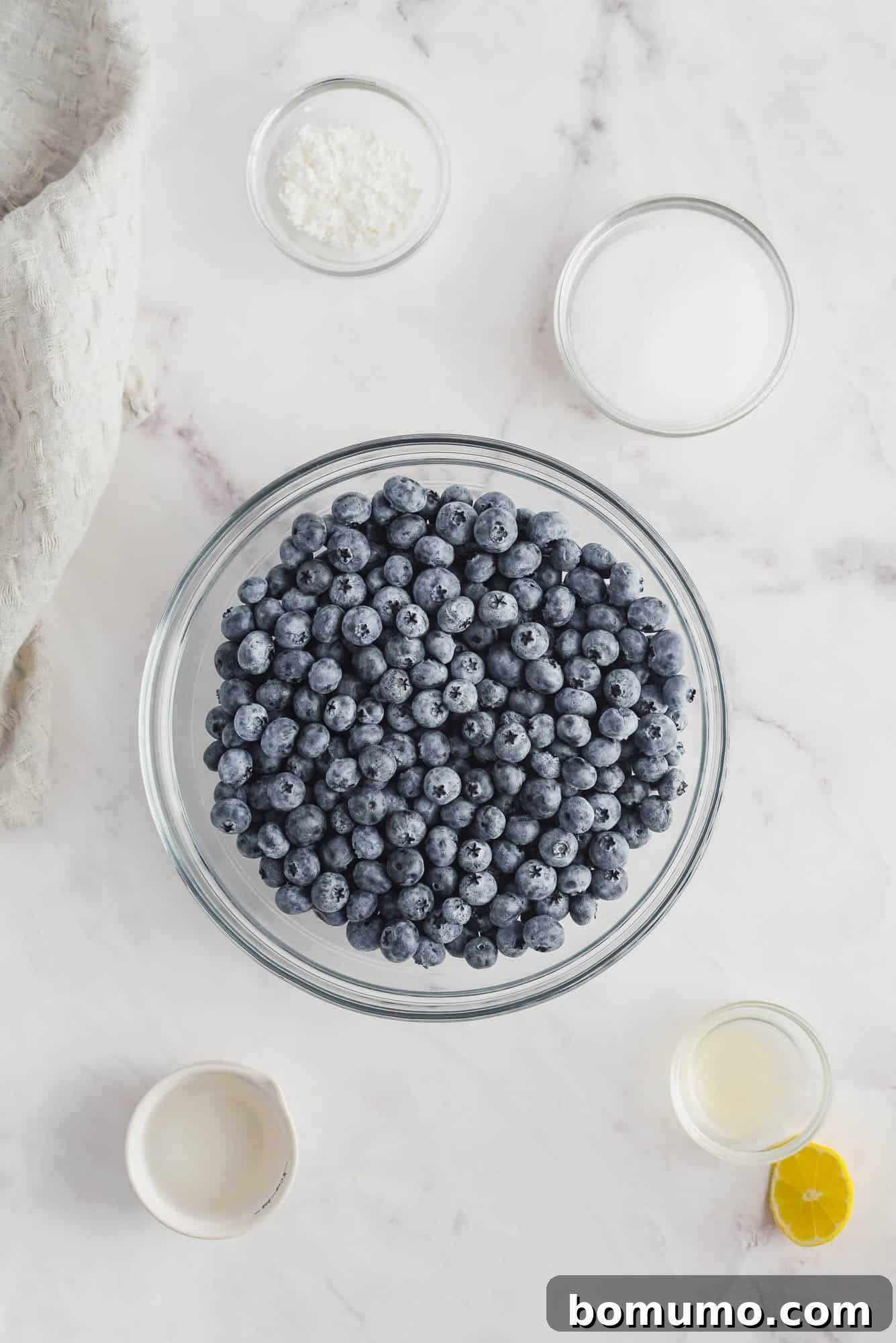 Luscious Blueberry Compote 4 An overhead shot showcasing all the simple ingredients required for making homemade blueberry sauce, neatly arranged on a surface.