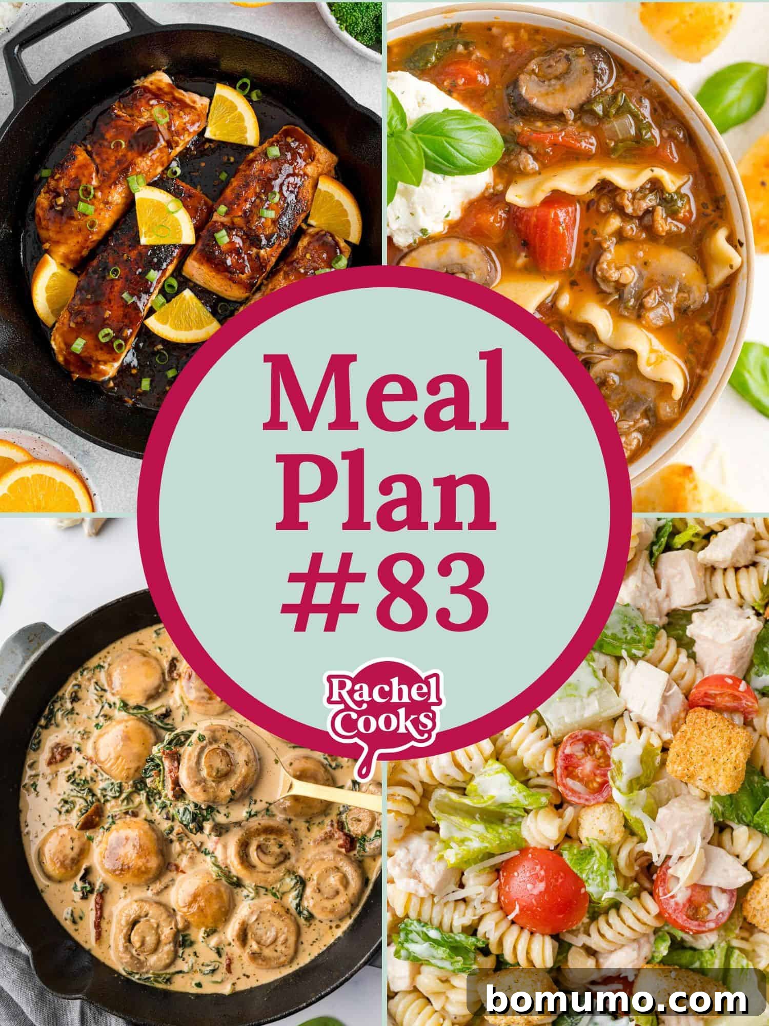 Free weekly meal plan and grocery list graphic featuring delicious recipes like Orange Glazed Salmon, Lasagna Soup, and Grilled Italian Chicken, designed to simplify your week.