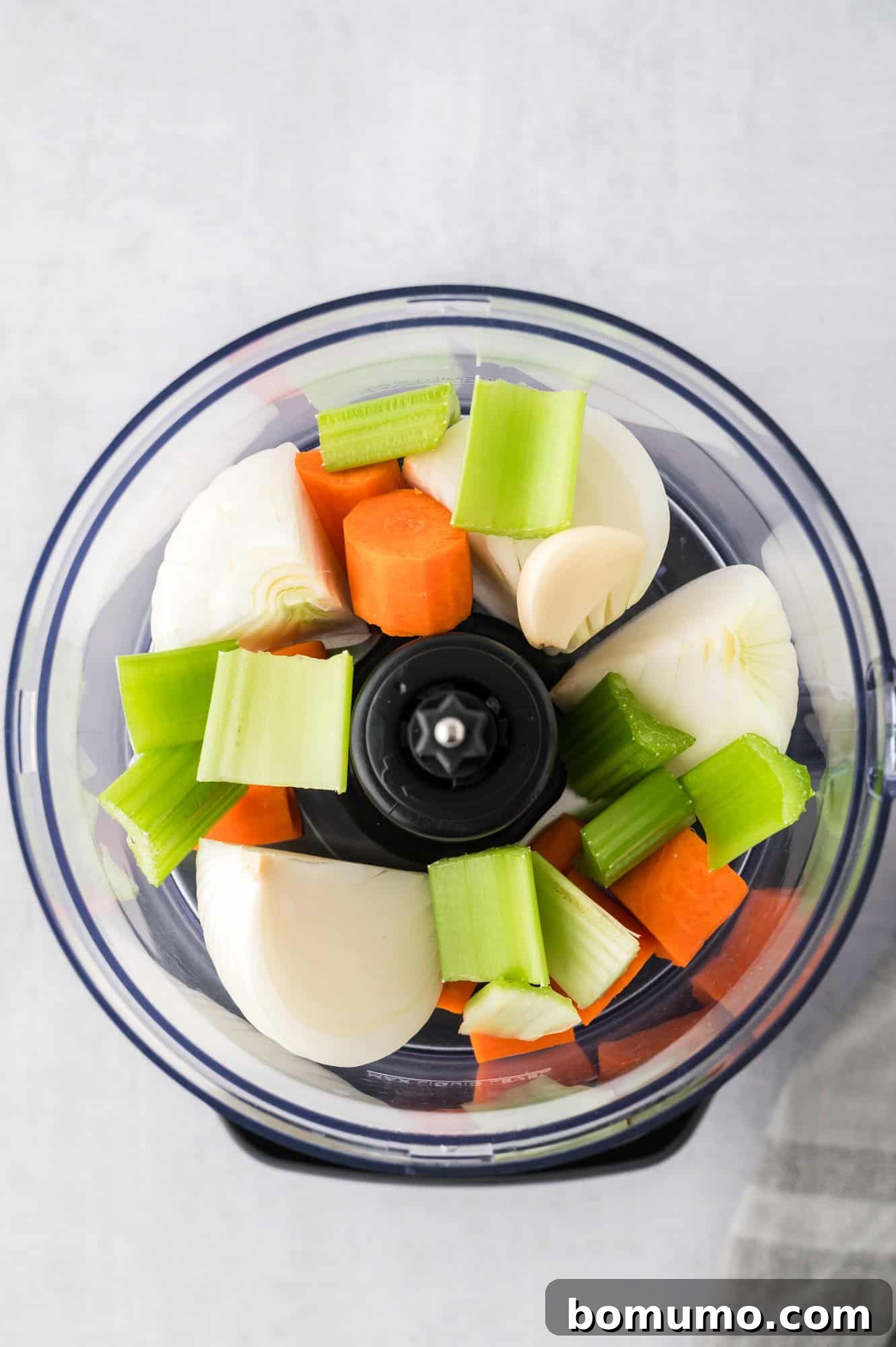 Roughly chopped vegetables, including onion, carrot, celery, and garlic, ready to be processed in a food processor.