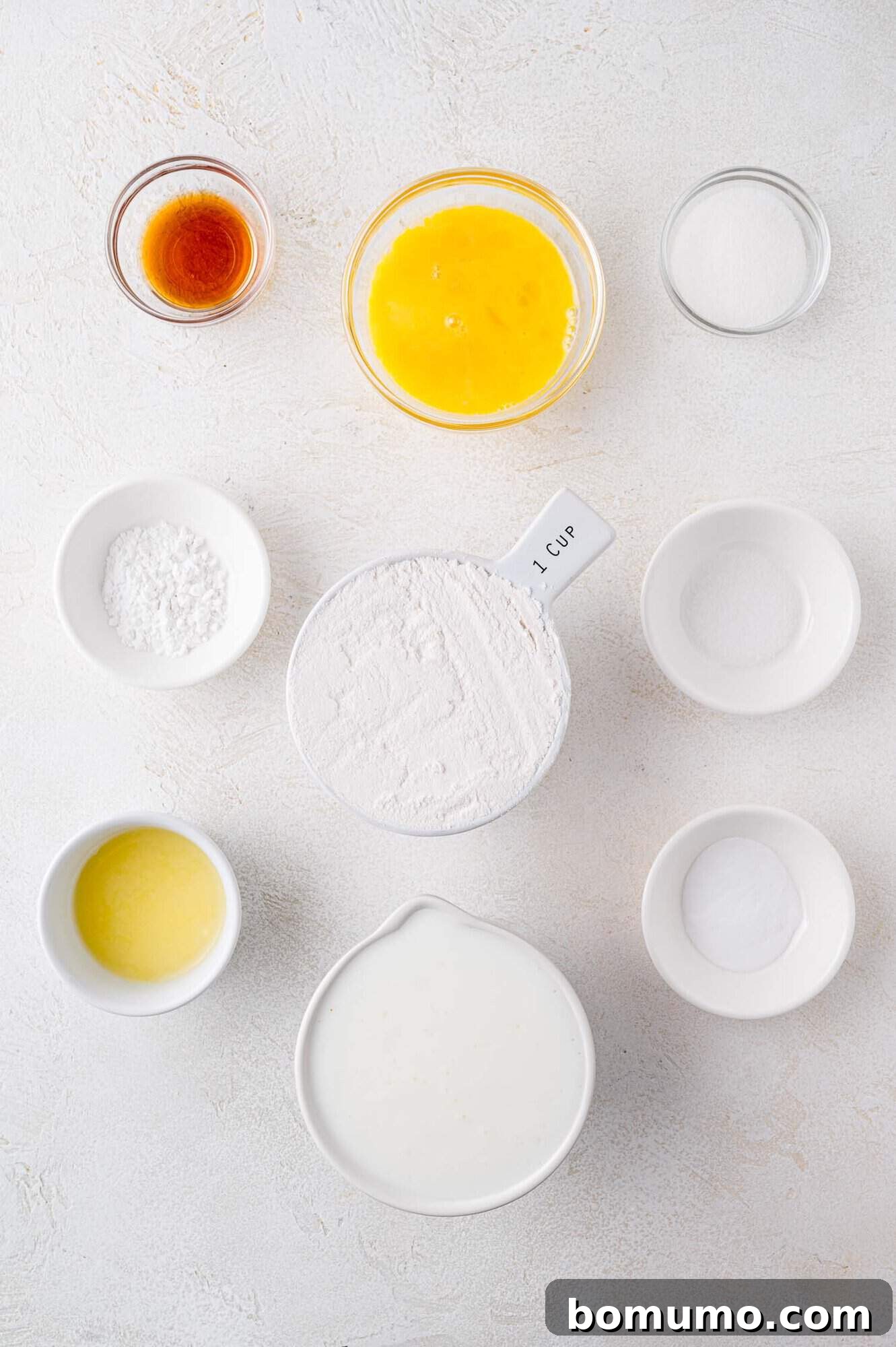 Overhead view of ingredients needed for buttermilk pancake recipe.