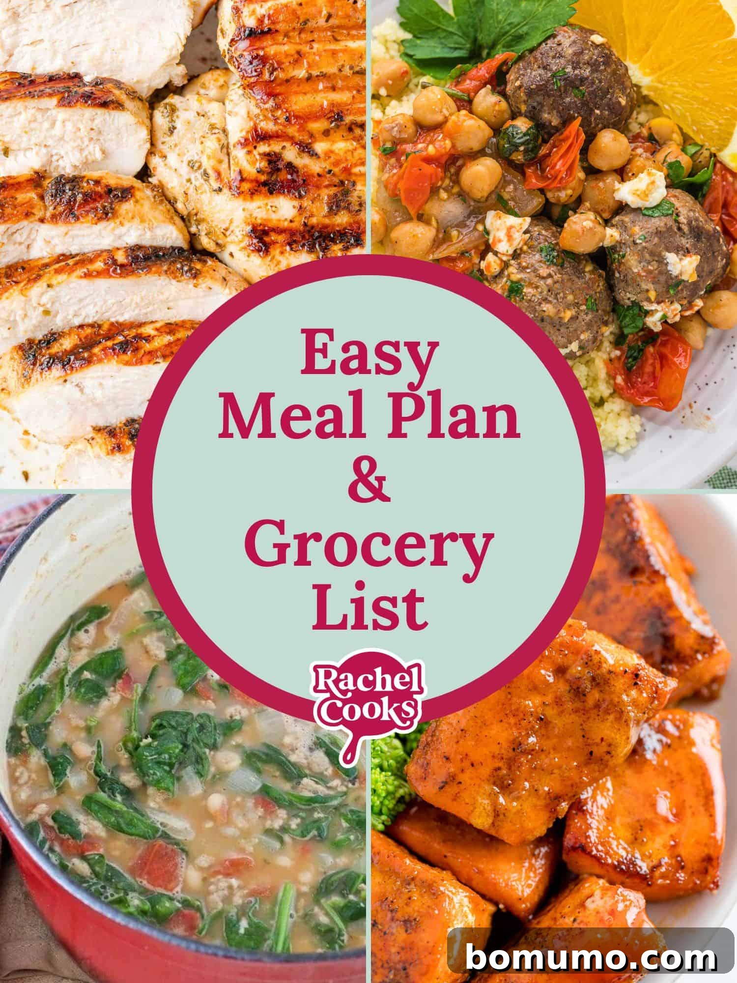 Balanced Meal Plan 2 Weekly Meal Plan 85 preview graphic with text and mouth-watering photos of included recipes, simplifying your week with healthy and easy meals.