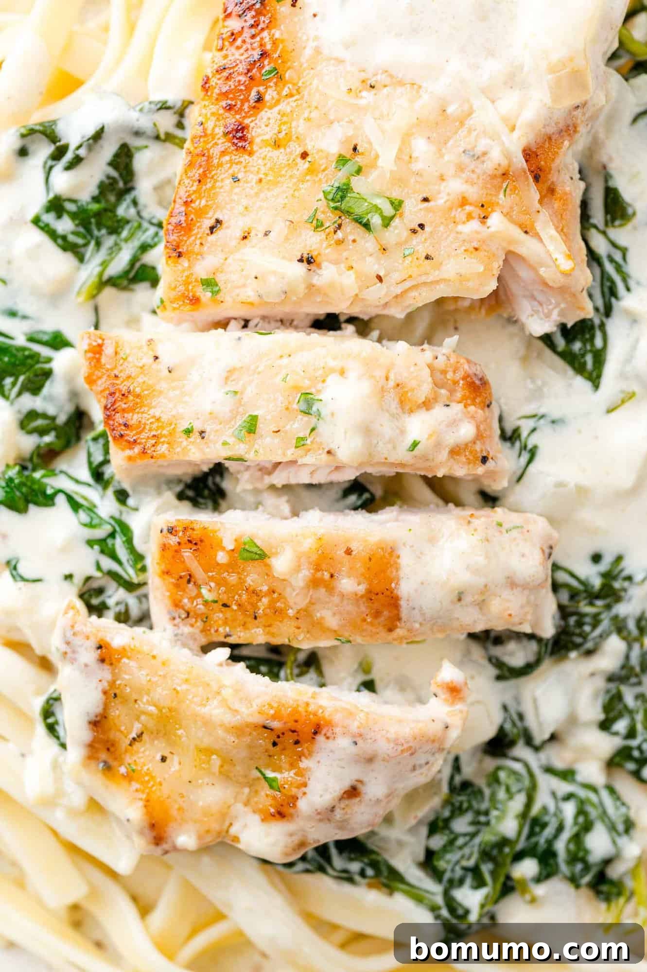 Silken Florentine Chicken 15 A perfectly sliced chicken cutlet resting atop a bed of creamy spinach sauce and pasta, garnished and ready to be enjoyed.