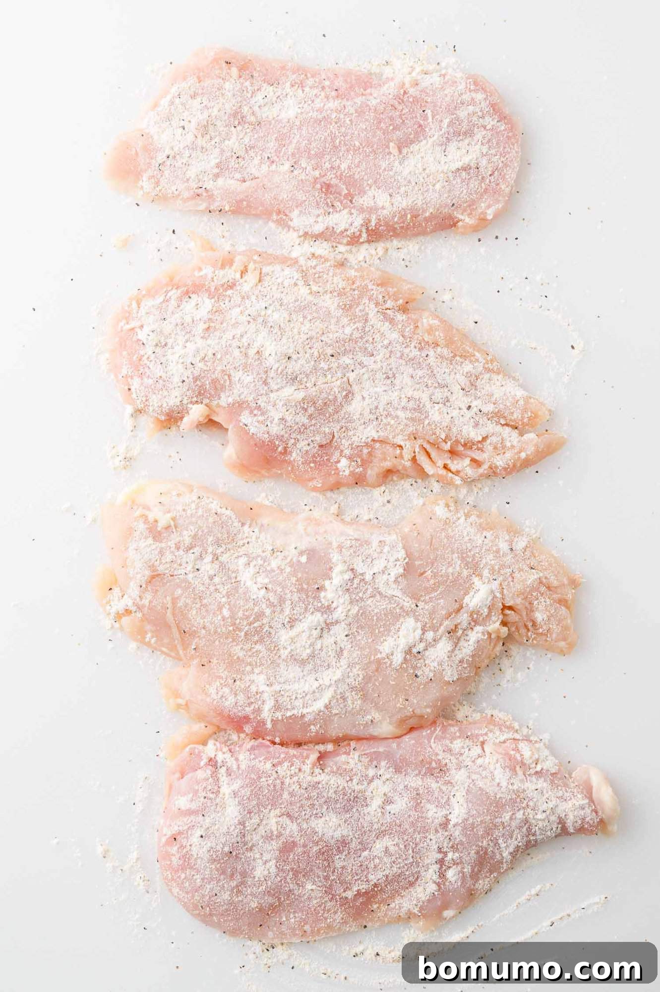 Silken Florentine Chicken 6 Raw chicken cutlets evenly coated in the flour and seasoning mixture, awaiting cooking.