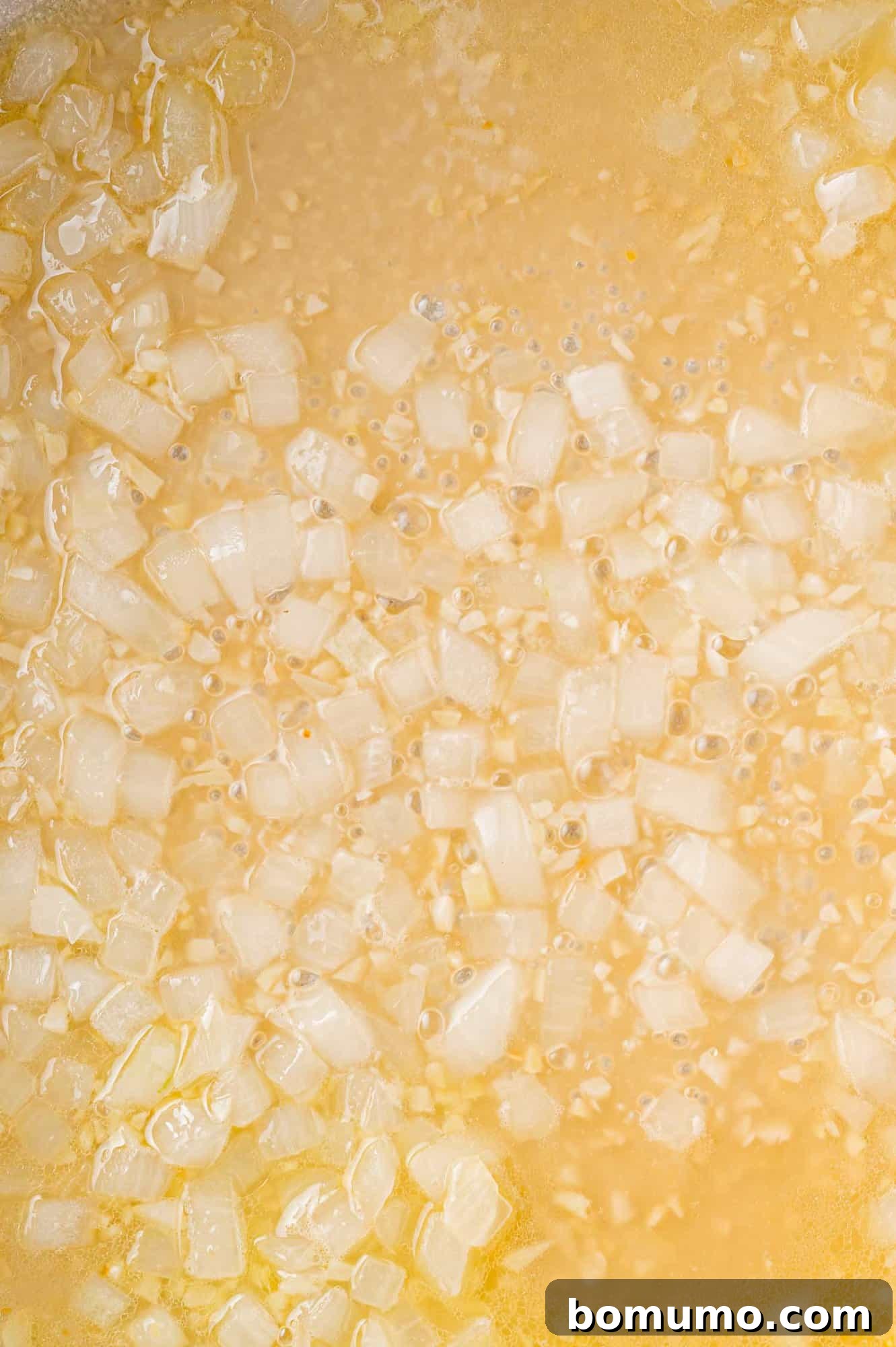 Silken Florentine Chicken 9 Dry white wine being poured into the skillet with the sautéed onion and garlic, beginning the deglazing process.