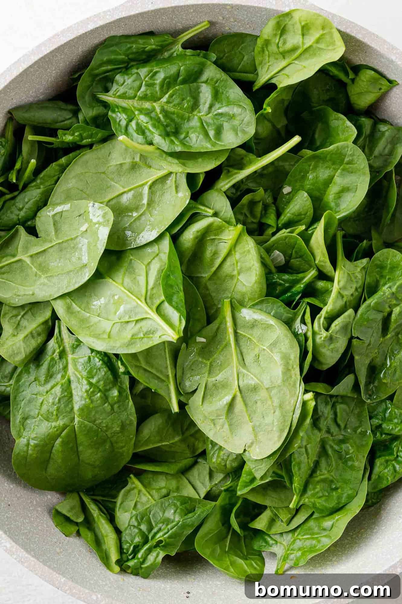 Silken Florentine Chicken 10 A large pile of fresh baby spinach added to the skillet, before it begins to wilt down into the sauce base.