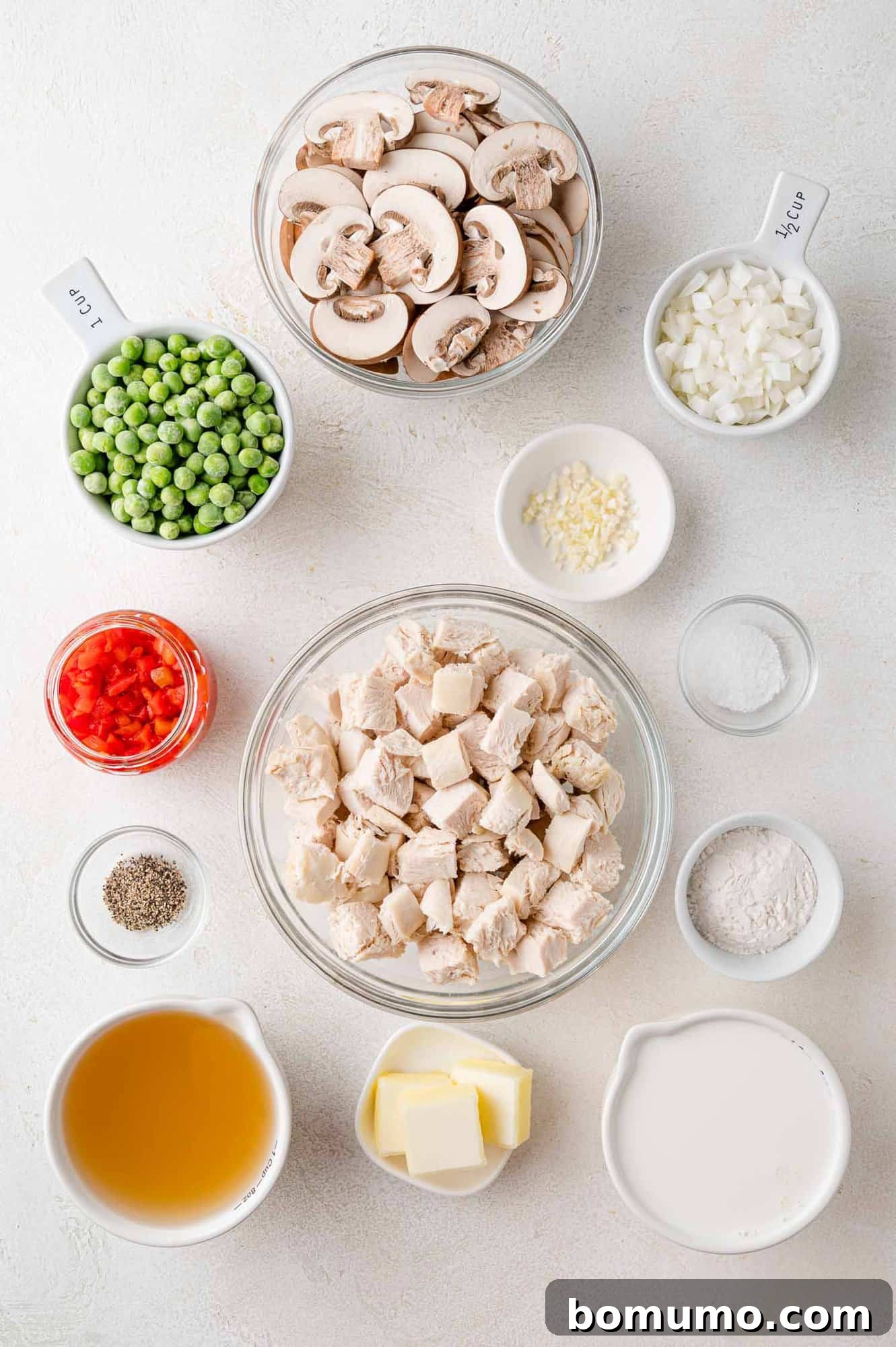 An overhead shot showcasing all the fresh ingredients meticulously laid out for preparing Chicken à la King, including chicken, mushrooms, peas, and various seasonings.