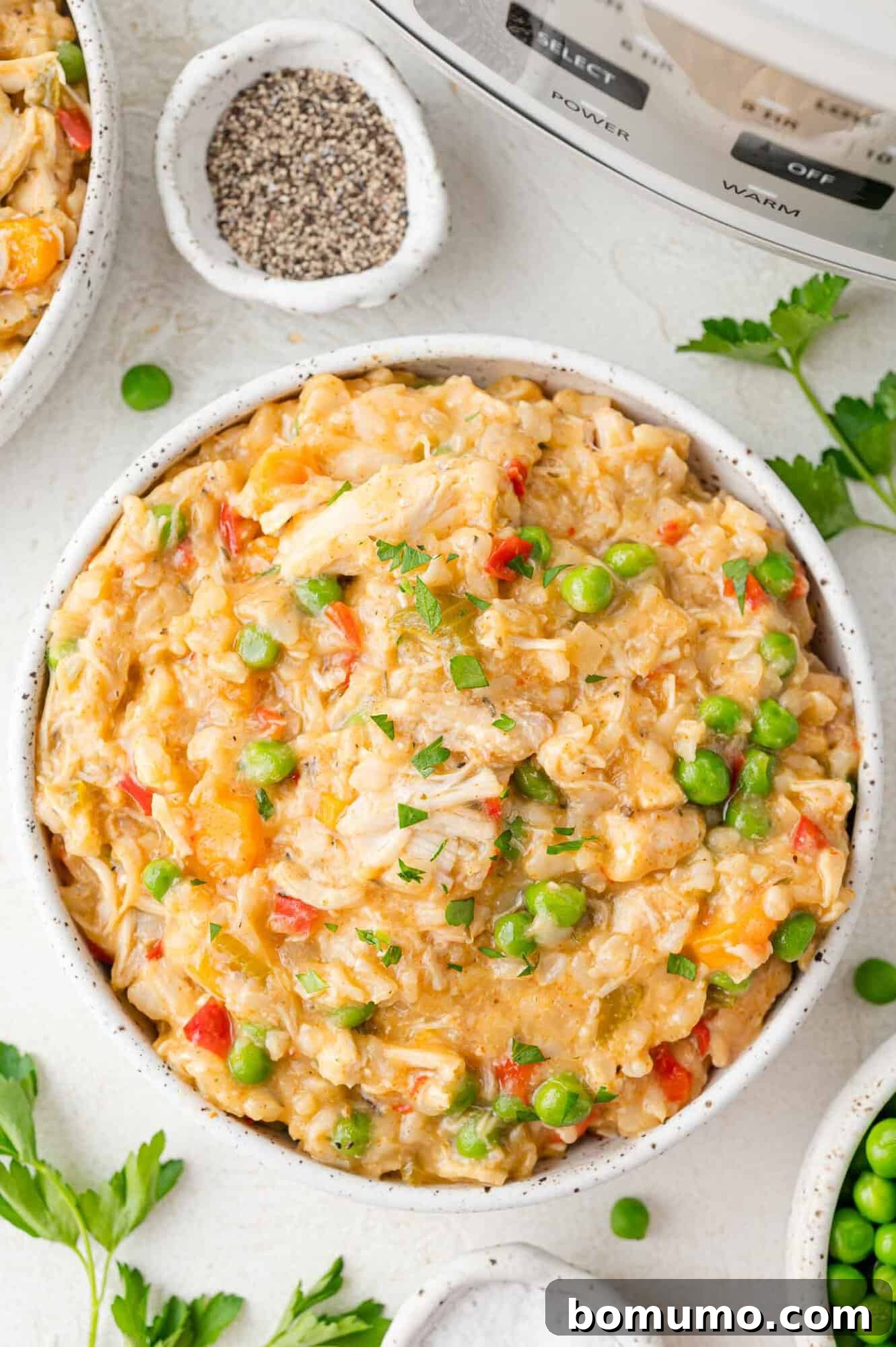 A large serving bowl filled with steaming hot Crockpot chicken and rice, ready to be enjoyed.