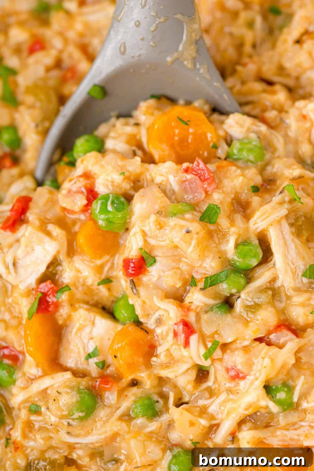 The finished Crockpot chicken and rice casserole, with diced chicken and melted cheese, being scooped from the slow cooker.