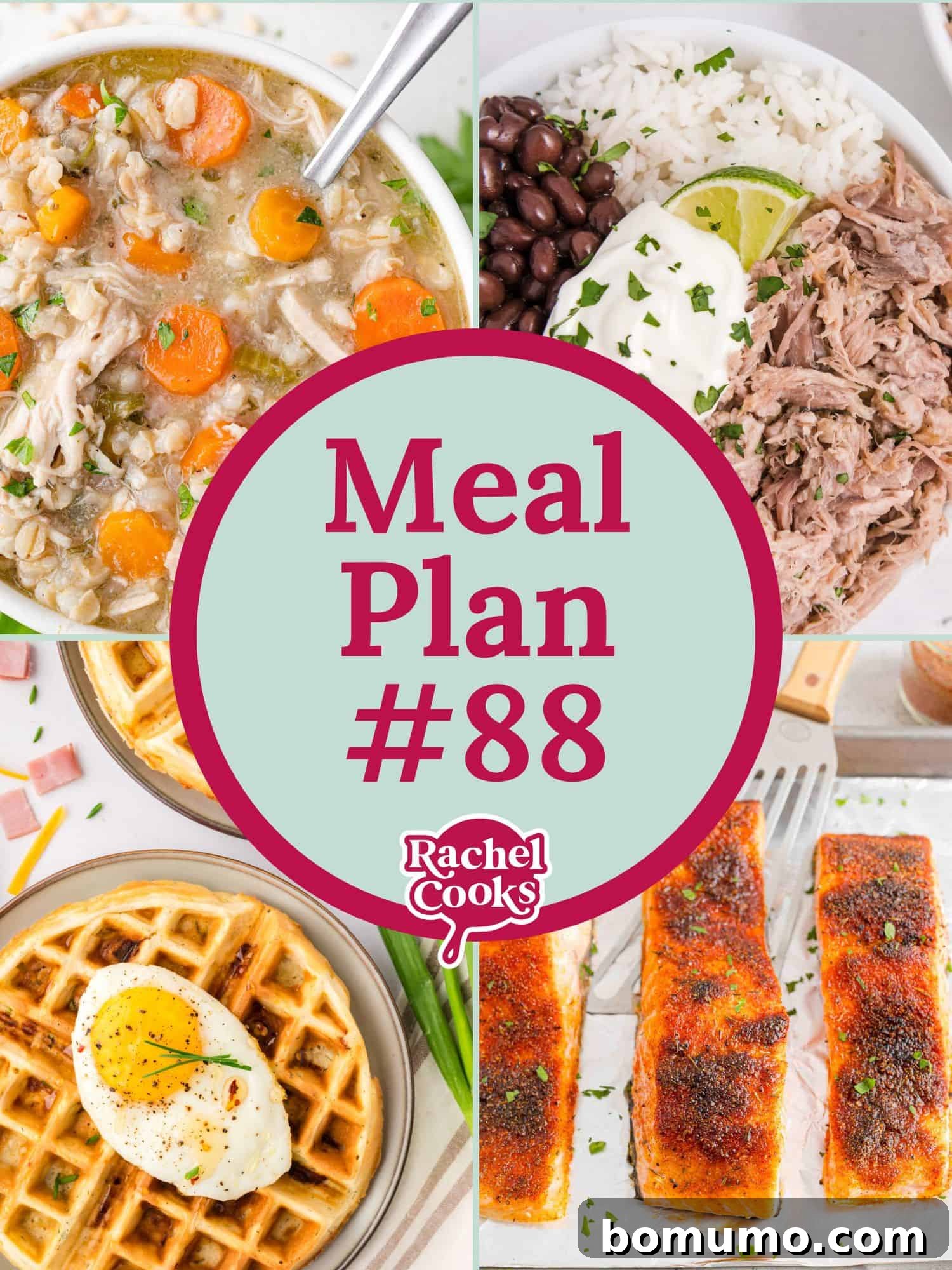 Strategic Eating Plan 2 Weekly Meal Plan 88 featuring Savory Waffles, Chicken Barley Soup, Broiled Salmon, Slow Cooker Cuban Pork, Grilled Cuban Sandwiches, and Salmon Seasoning for easy home cooking and grocery shopping.