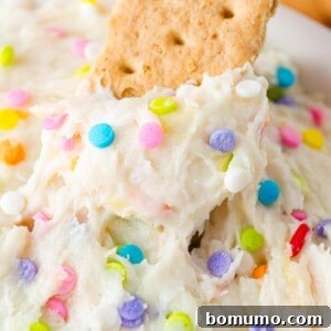 Close-up of a creamy, white dip with colorful sprinkles and a graham cracker partially inserted on top, inviting you to try this fun dessert.