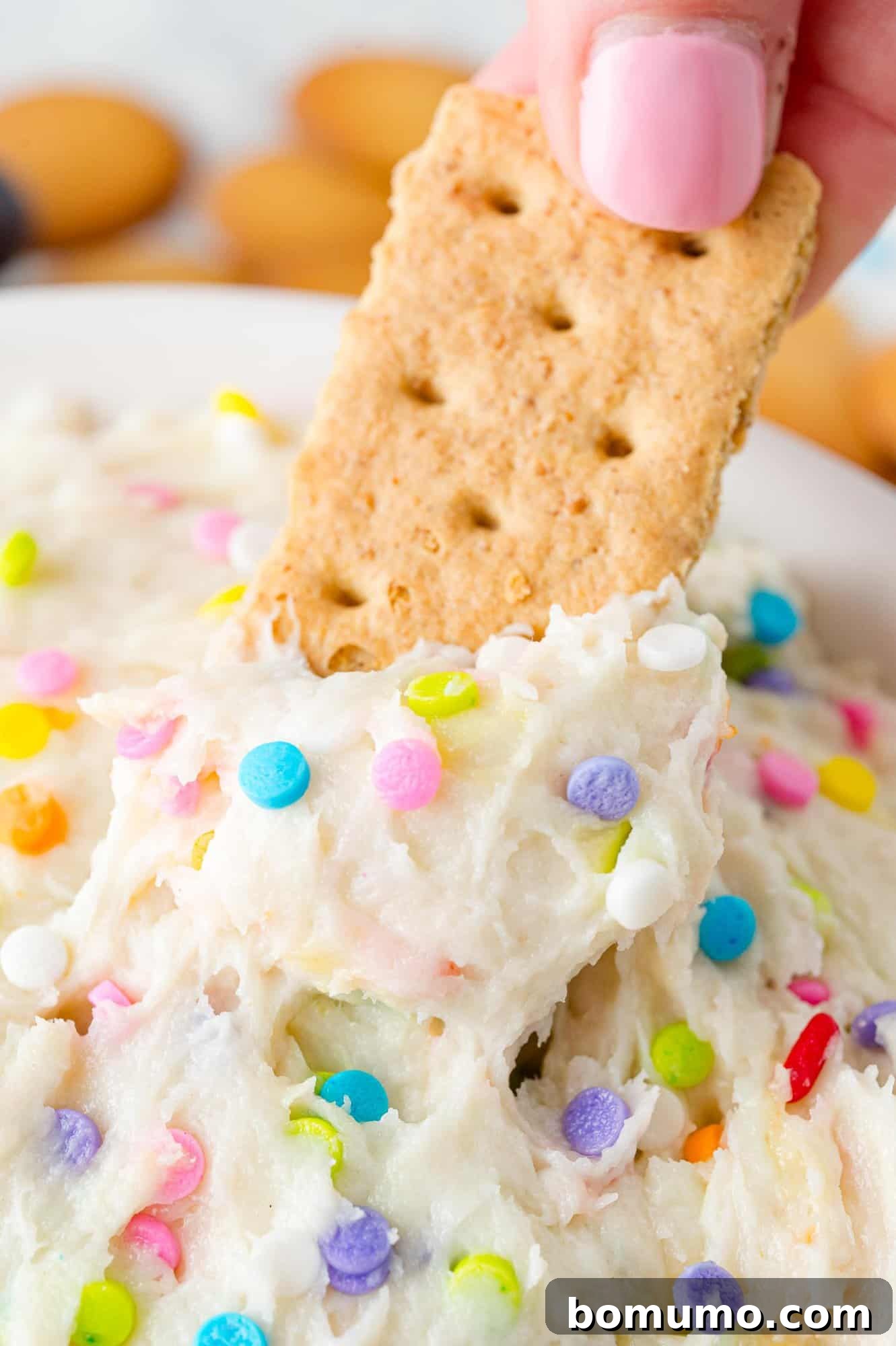 A hand gracefully dips a crisp graham cracker into a creamy, sprinkle-studded funfetti dip, showcasing its perfect consistency and inviting texture. This image highlights the joy of dipping into this delightful dessert.