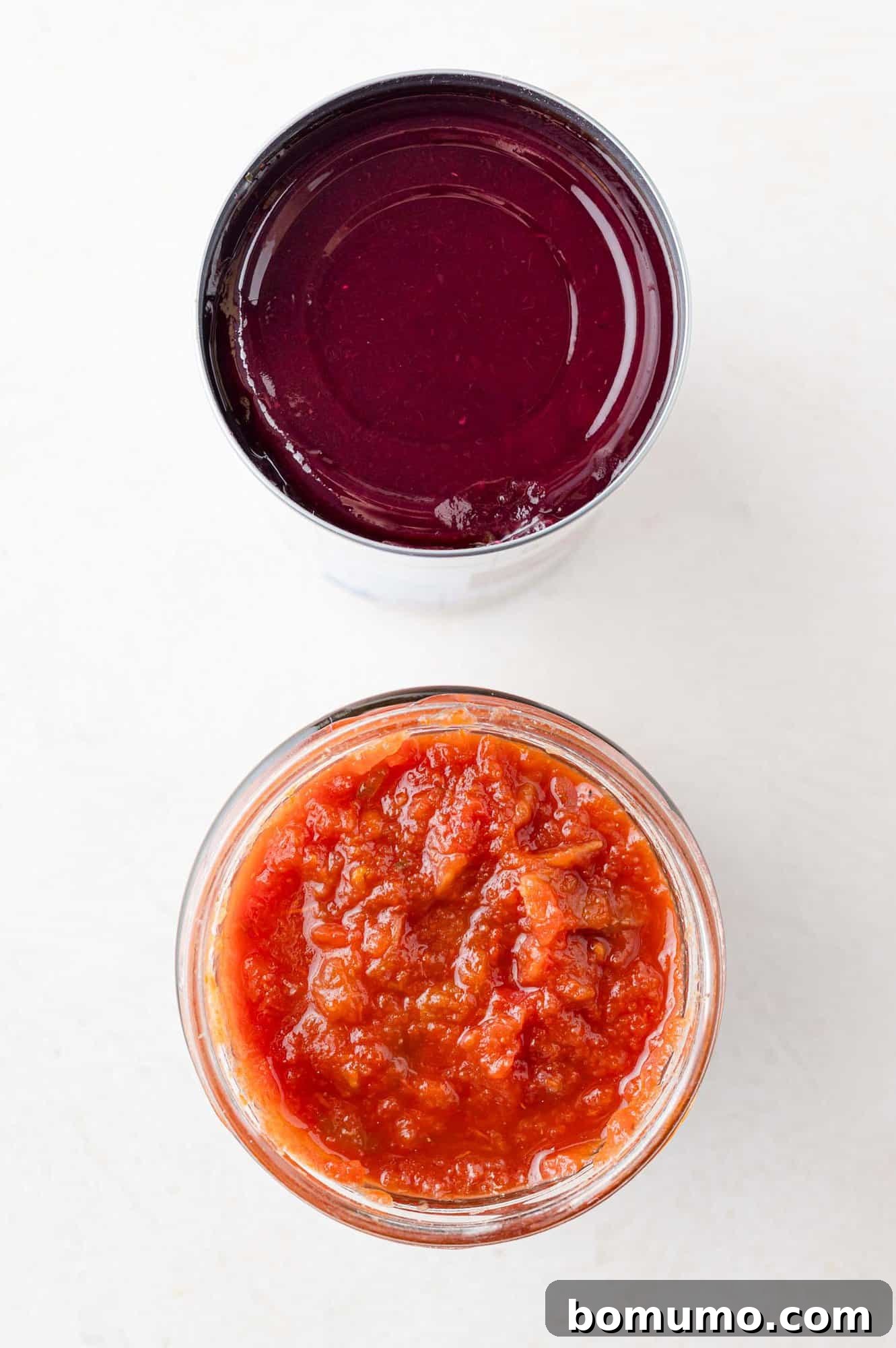 Simple Two Ingredient Cranberry Salsa 4 Overhead view of cranberry sauce and salsa.