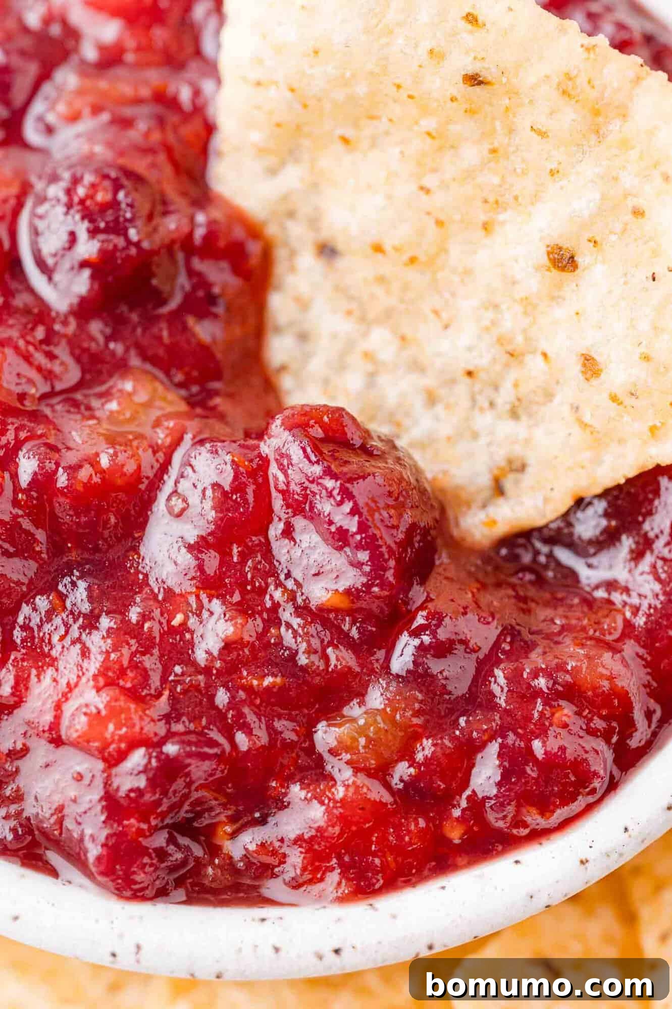 Simple Two Ingredient Cranberry Salsa 9 Tortilla chip being dipped into cranberry salsa in a white bowl.