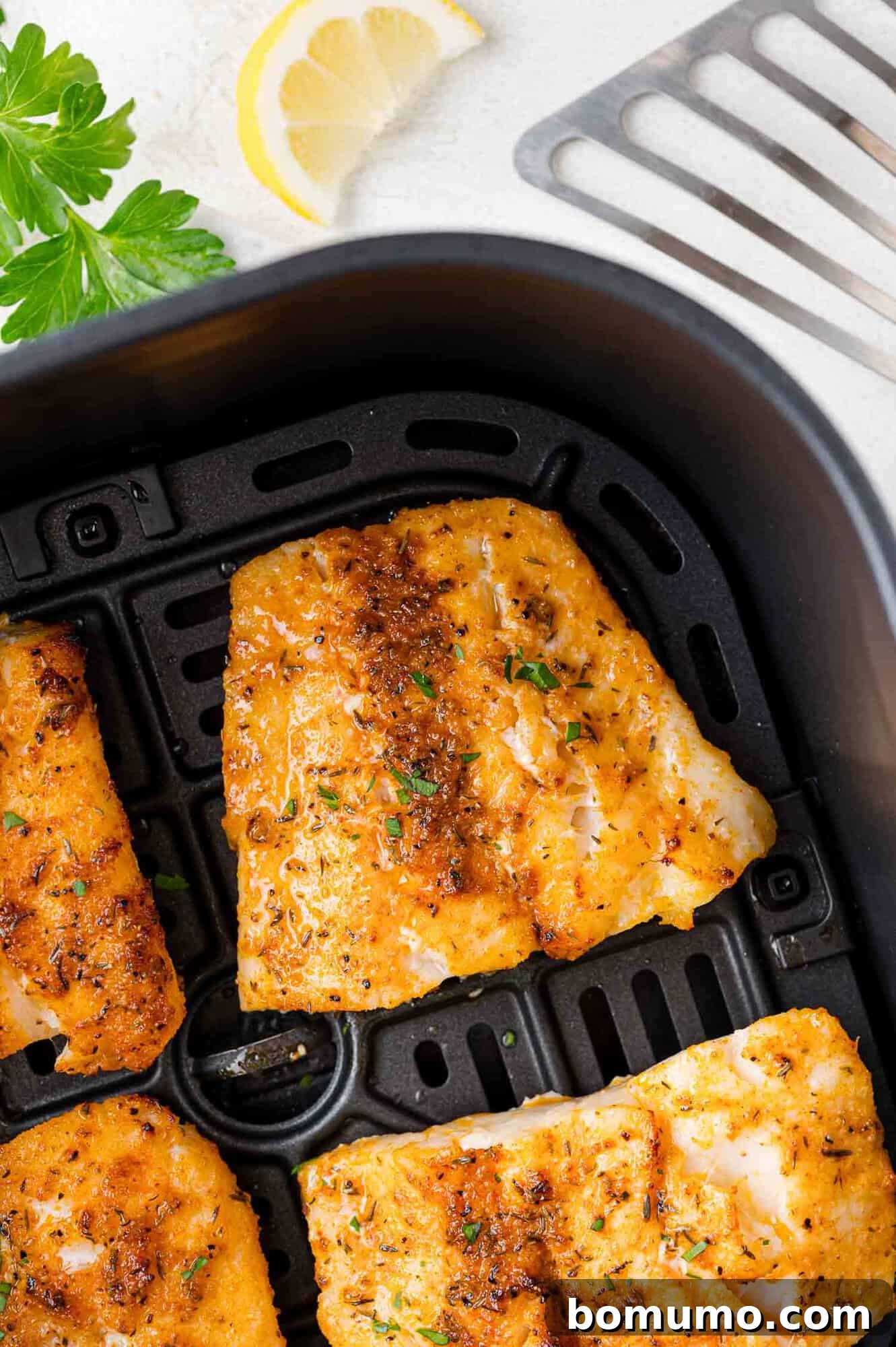 Cooked seasoned cod fillets inside an air fryer basket with a spatula nearby.