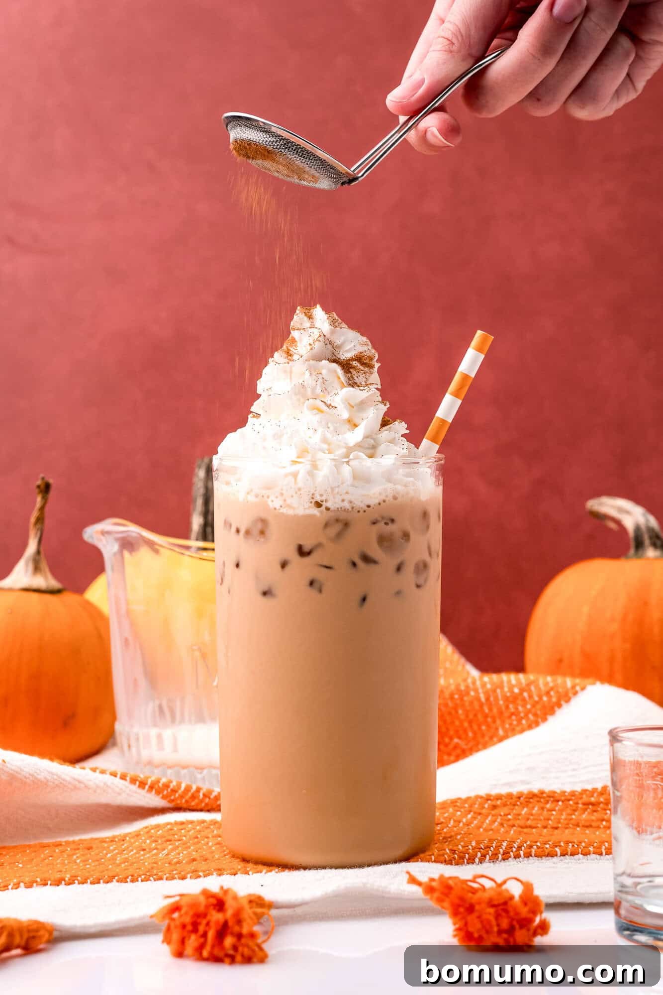 A delicate dusting of pumpkin spice completes the top of an iced latte, garnished with whipped cream.