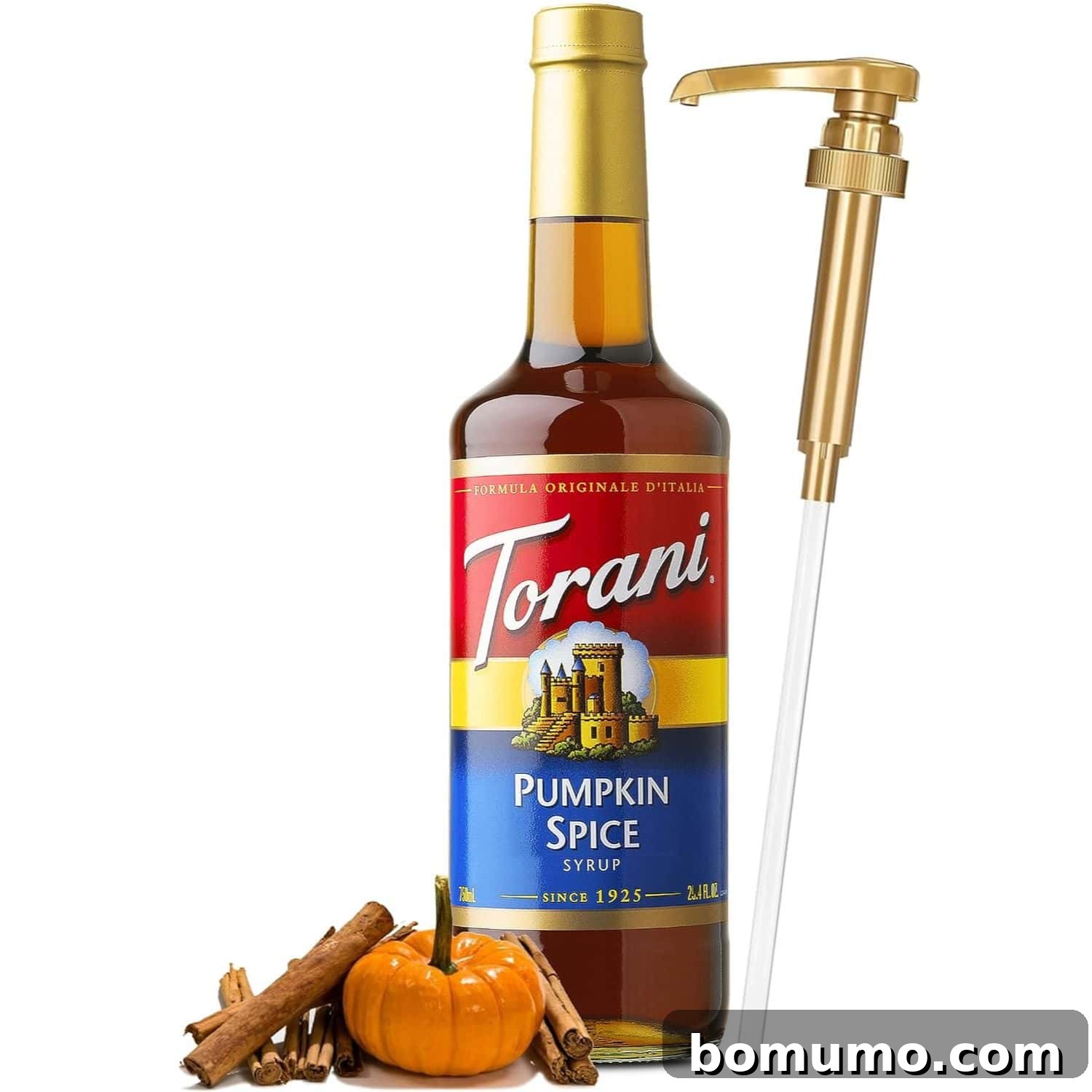 A bottle of Torani Pumpkin Spice syrup, tastefully arranged with whole cinnamon sticks and a small autumn pumpkin, highlighting the key ingredient.