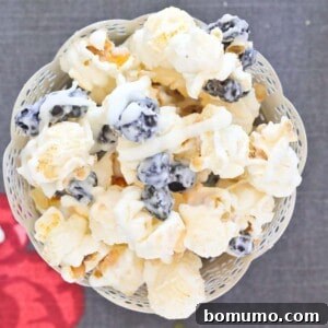 Blueberries & Cream Popcorn is hard to resist. What a unique treat to make for your family! Get the easy recipe on RachelCooks.com!