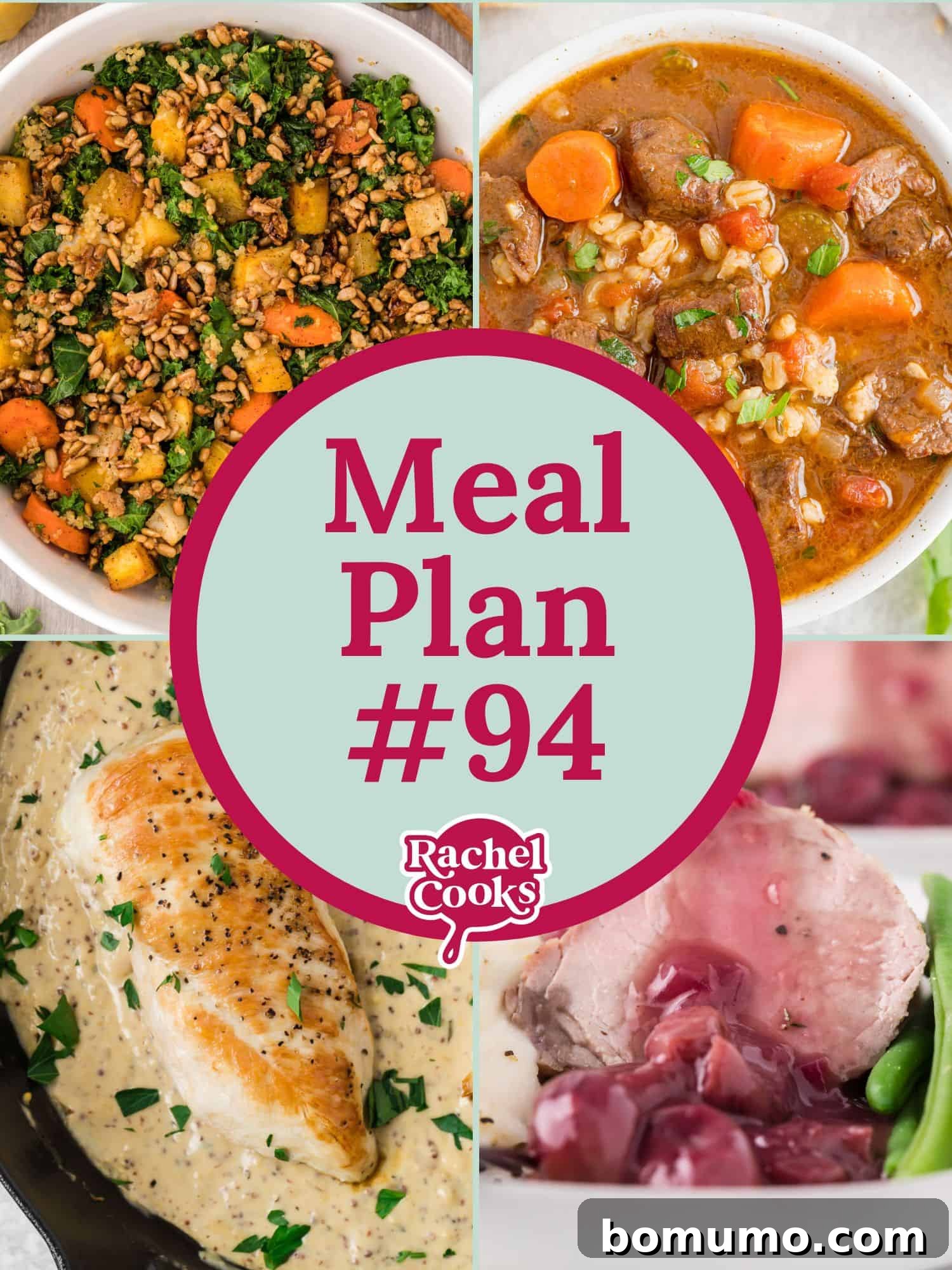 Fueling Your Week Ahead 2 A vibrant collage of four appetizing dishes: a fresh kale salad, hearty beef barley soup, creamy chicken with mustard sauce, and tender pork tenderloin with sauce. The center text clearly indicates 'Meal Plan #94'.