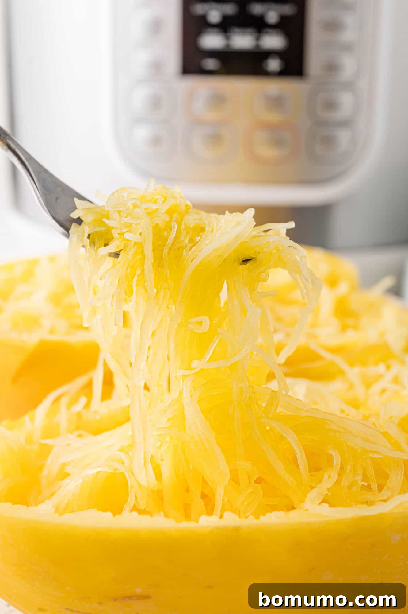 Easy Instant Pot Spaghetti Squash 3 Spaghetti squash strands being lifted out of peel with a fork, held in front of an Instant Pot.