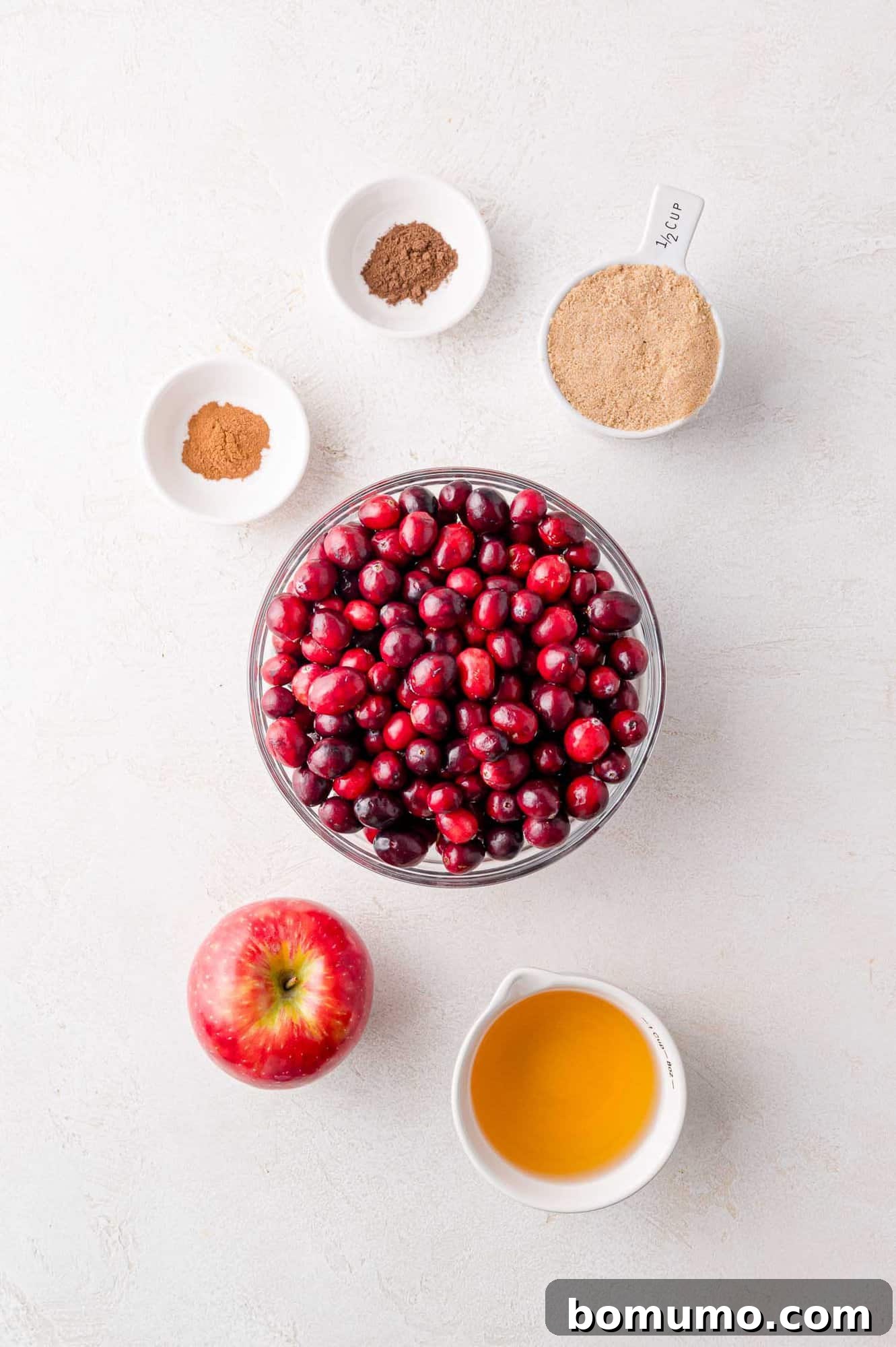 Overhead view of ingredients needed for recipe, including fresh cranberries.