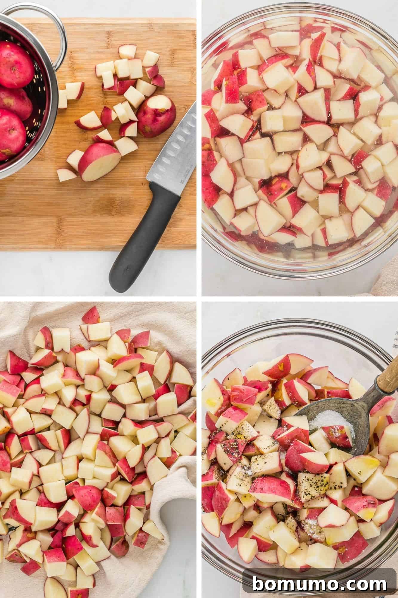 A visual guide showing four key steps to making crispy roasted potatoes: soaking, preheating the pan, thoroughly drying, and not overcrowding the pan.
