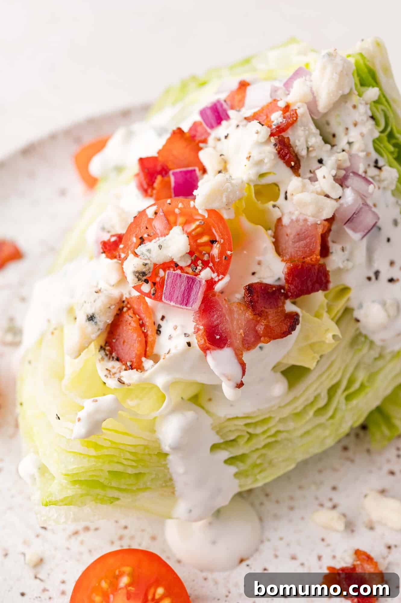 A gourmet wedge salad presented on a unique speckled plate, topped with juicy cherry tomatoes, thinly sliced red onion, crisp bacon pieces, and generous blue cheese crumbles, all elegantly drizzled with a creamy, rich dressing.