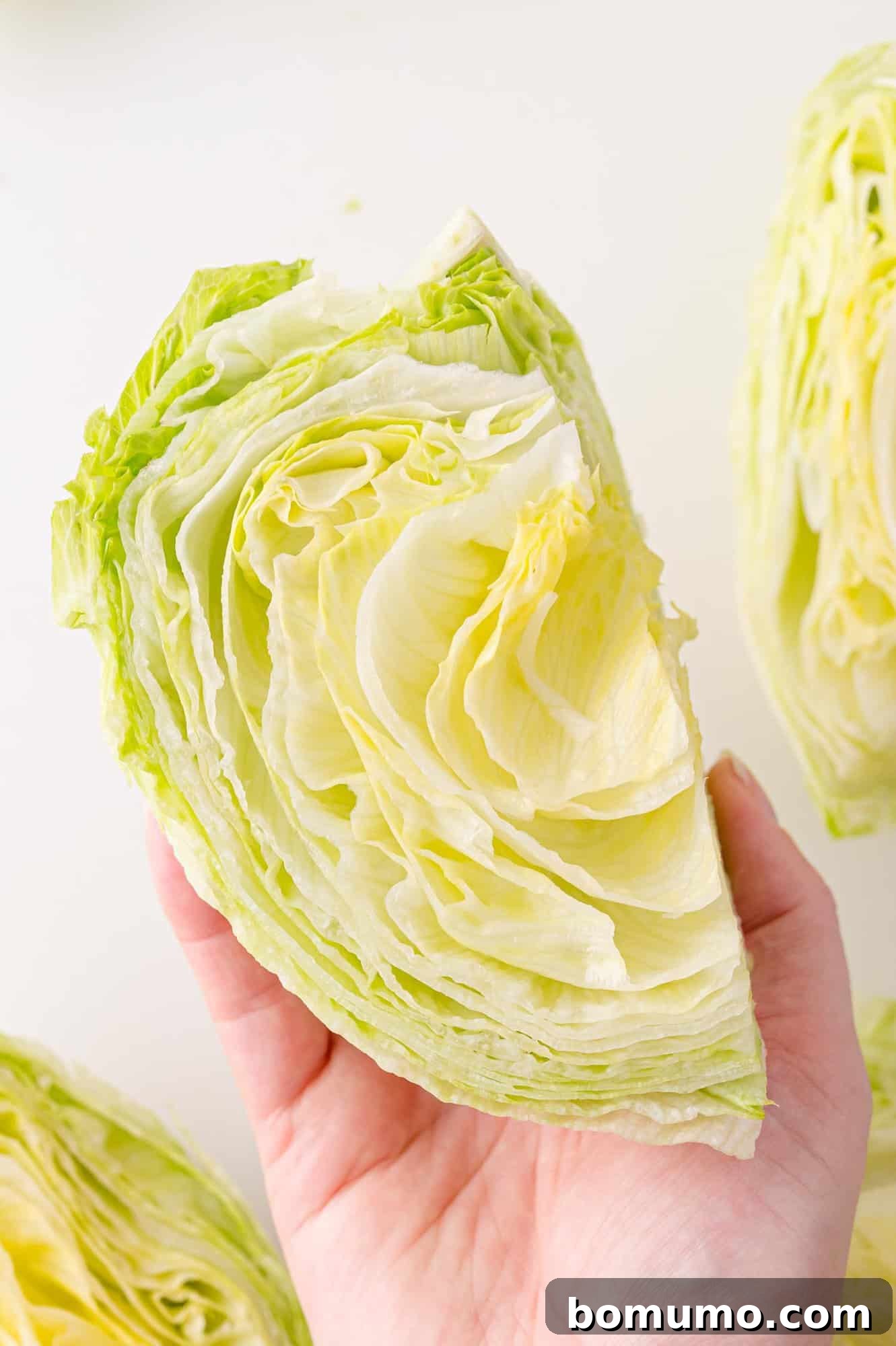 A hand gently holds a quartered wedge of crisp iceberg lettuce, highlighting its firm, light green layers, ready for salad assembly.