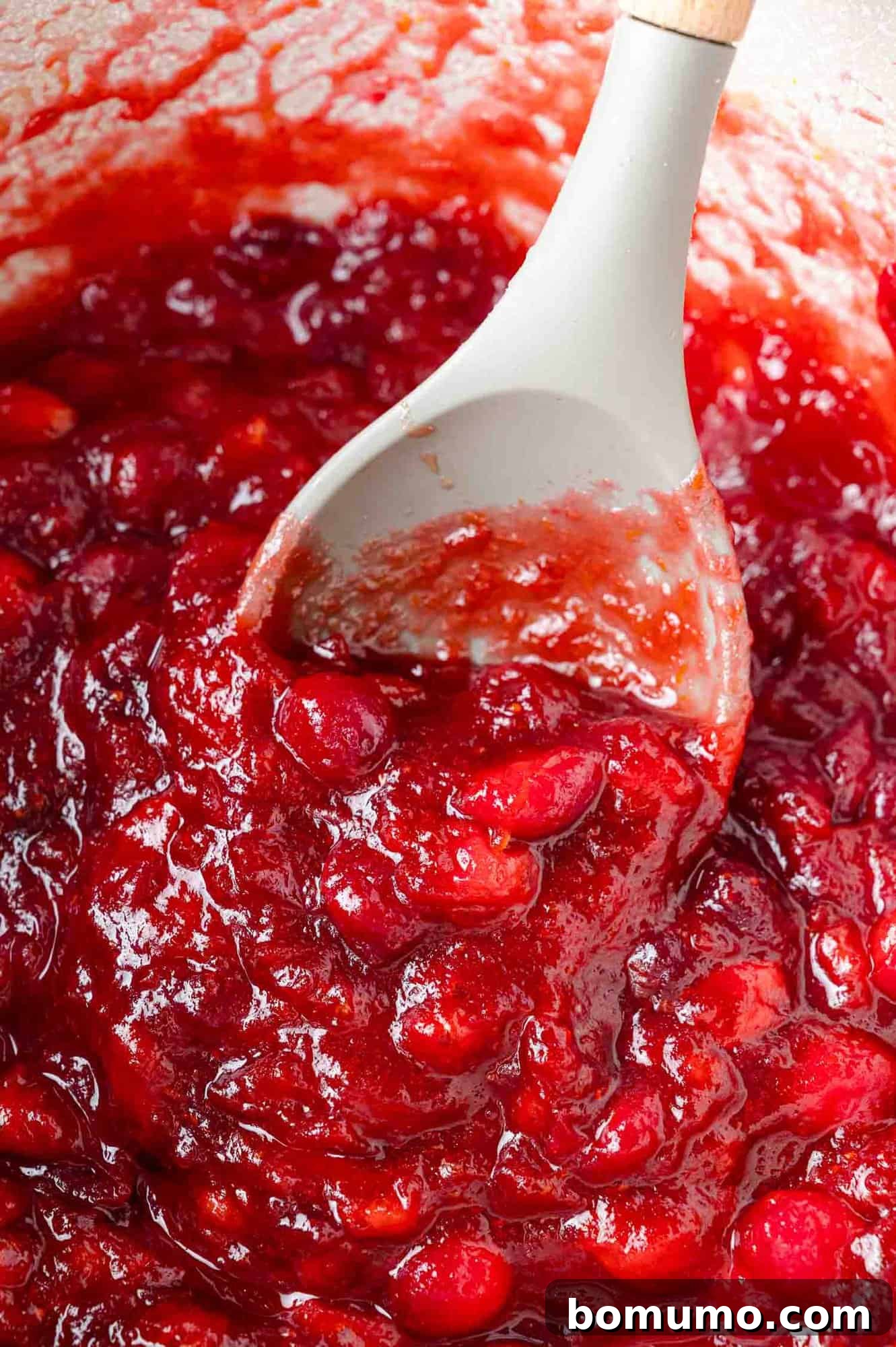 Vibrant Cranberry Orange Compote 11 Close-up of a spoon stirring thick cranberry sauce with visible whole cranberries in a pot, demonstrating the thickening process.