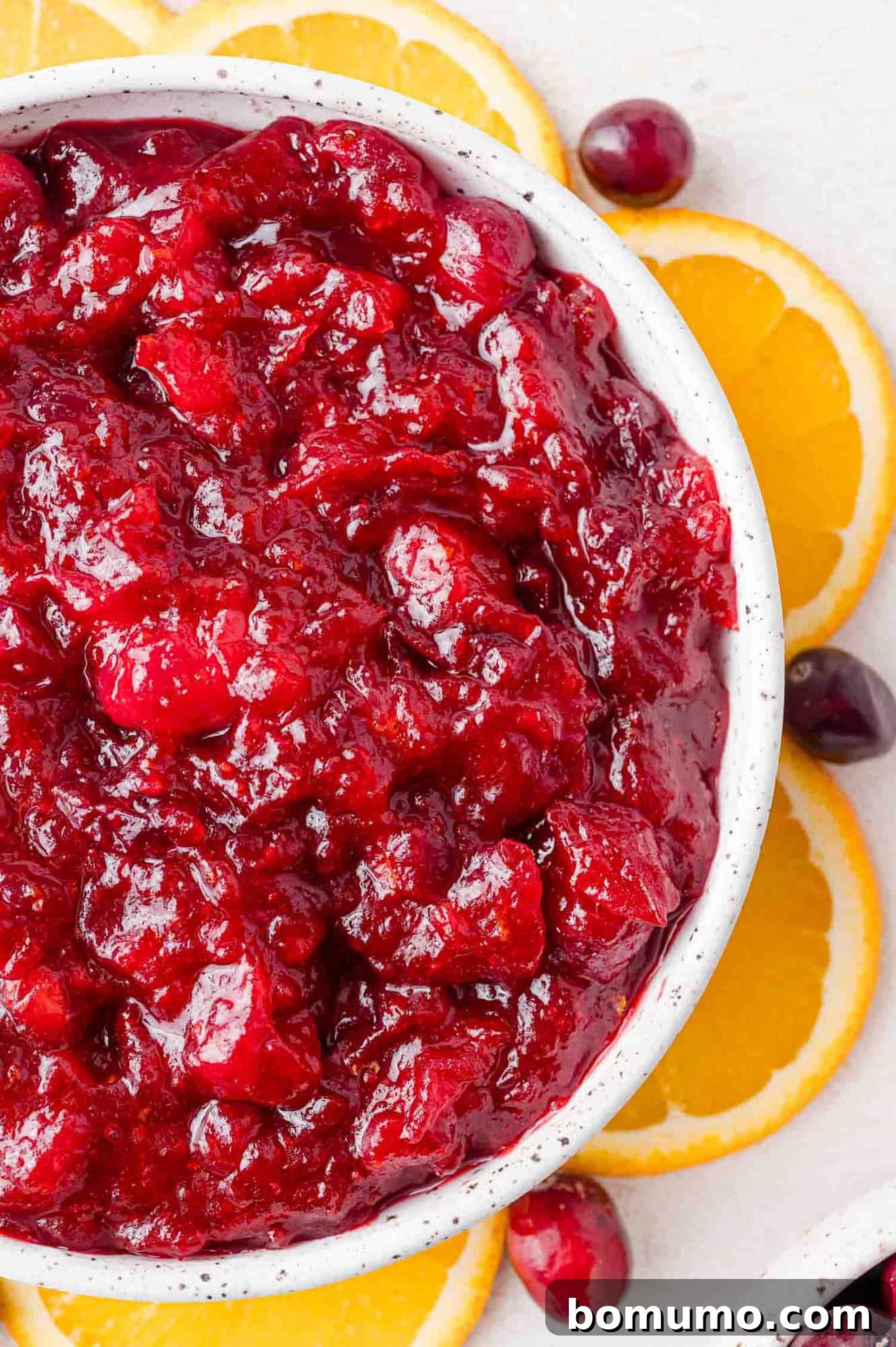 Vibrant Cranberry Orange Compote 12 A white bowl of cranberry orange sauce is surrounded by slices of fresh orange and a few whole cranberries, beautifully garnished and ready to serve.