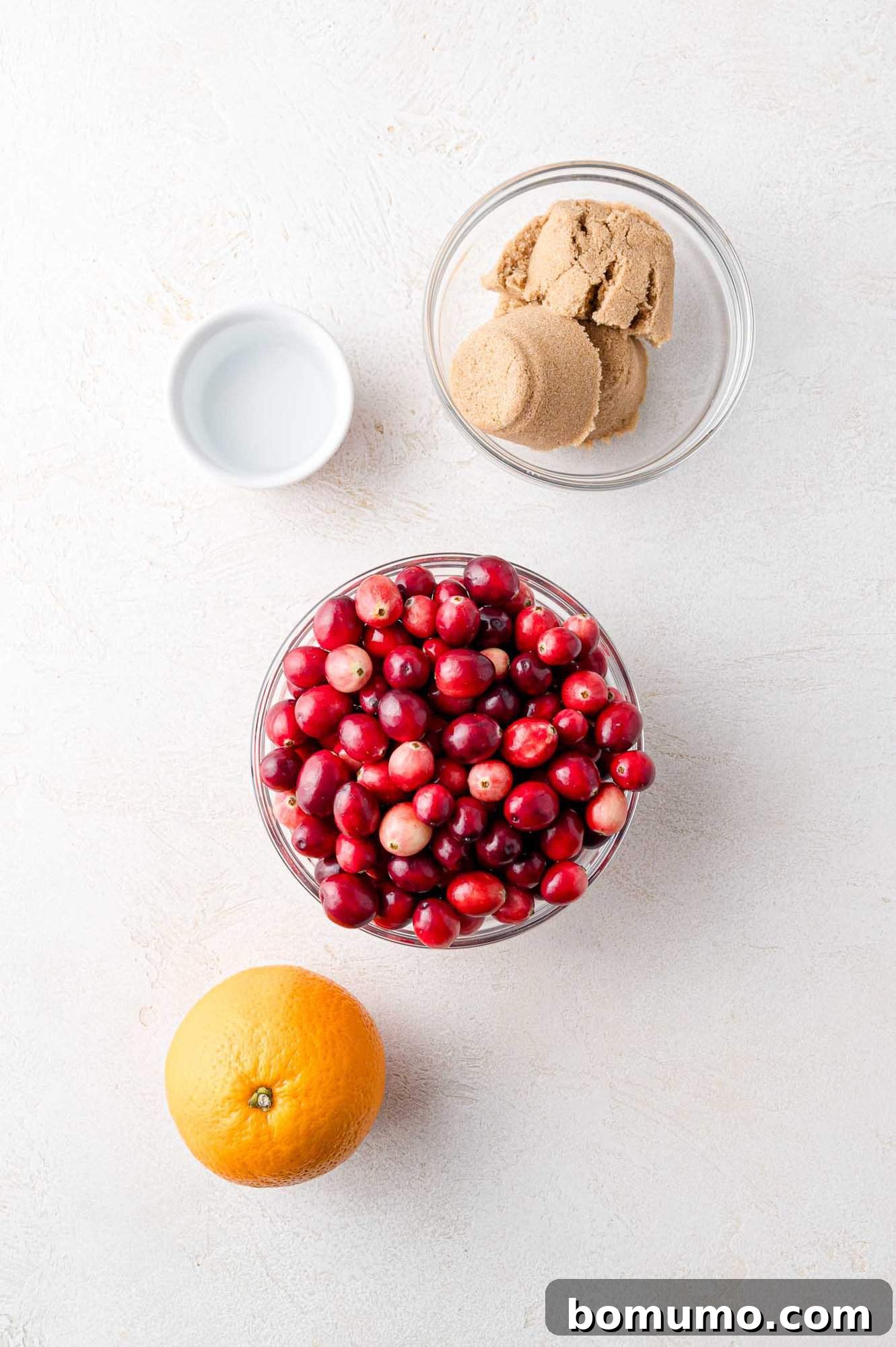 Vibrant Cranberry Orange Compote 7 Bowl of fresh cranberries, a whole orange, a bowl of brown sugar, and a small dish of liquid on a light surface, ready to be combined.