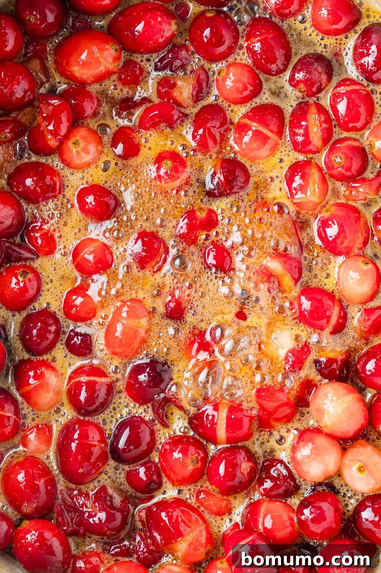 Vibrant Cranberry Orange Compote 10 Close-up of cranberries simmering in a pot with bubbling liquid, illustrating the berries bursting and releasing juices.
